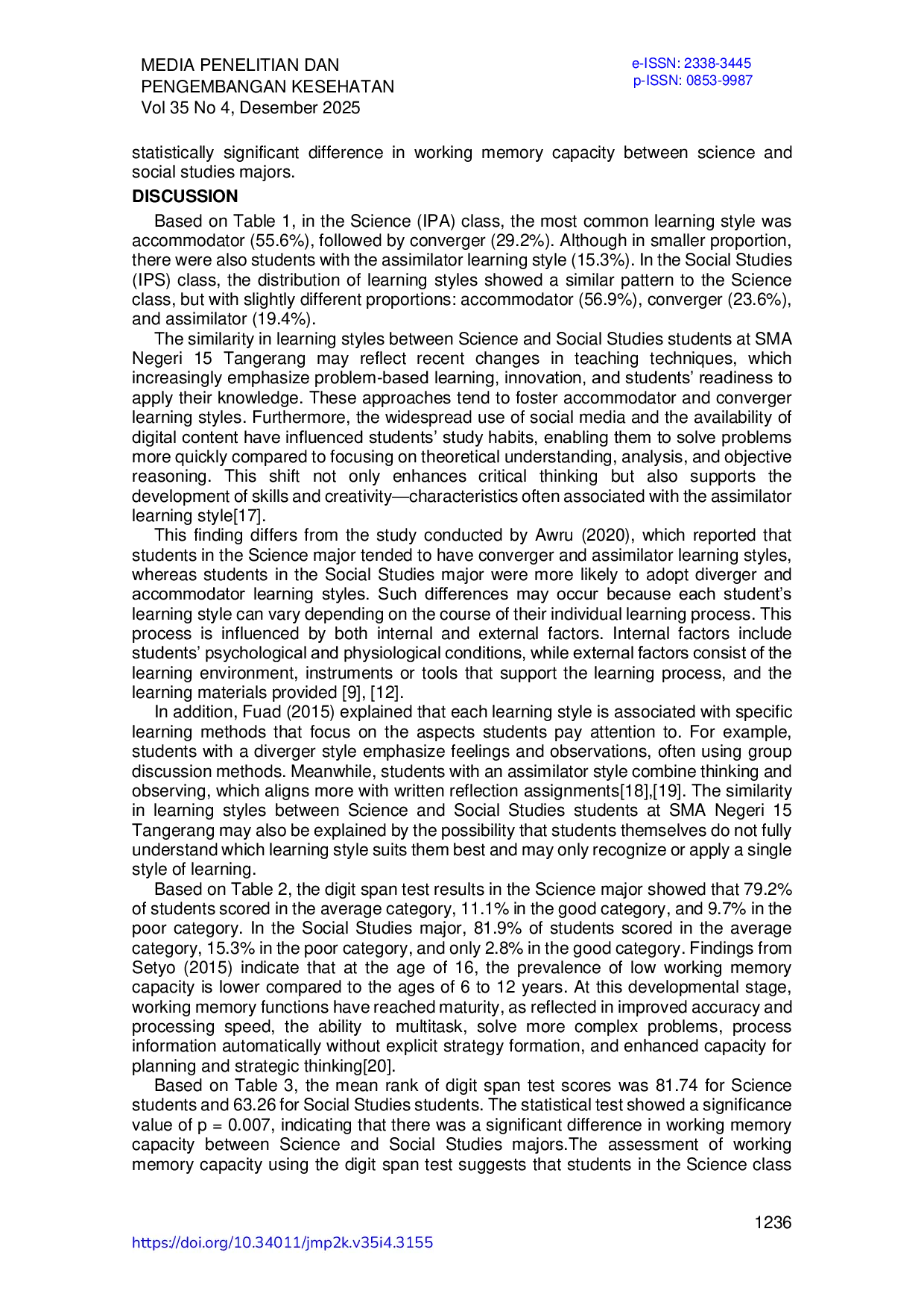 JURIS Working Memory In Science Students Is Better Than In Social Studies Students With The Same Learning Style