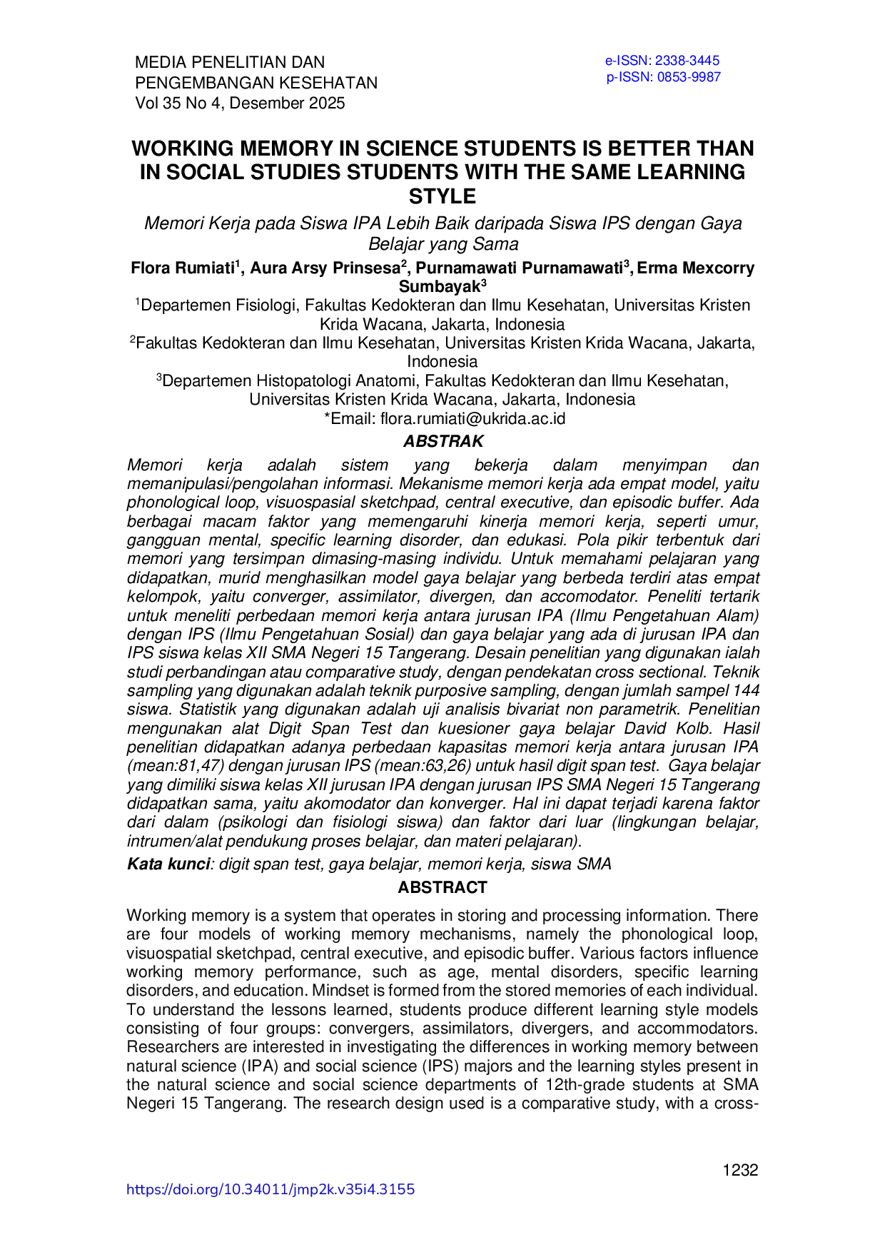 JURIS Working Memory In Science Students Is Better Than In Social Studies Students With The Same Learning Style
