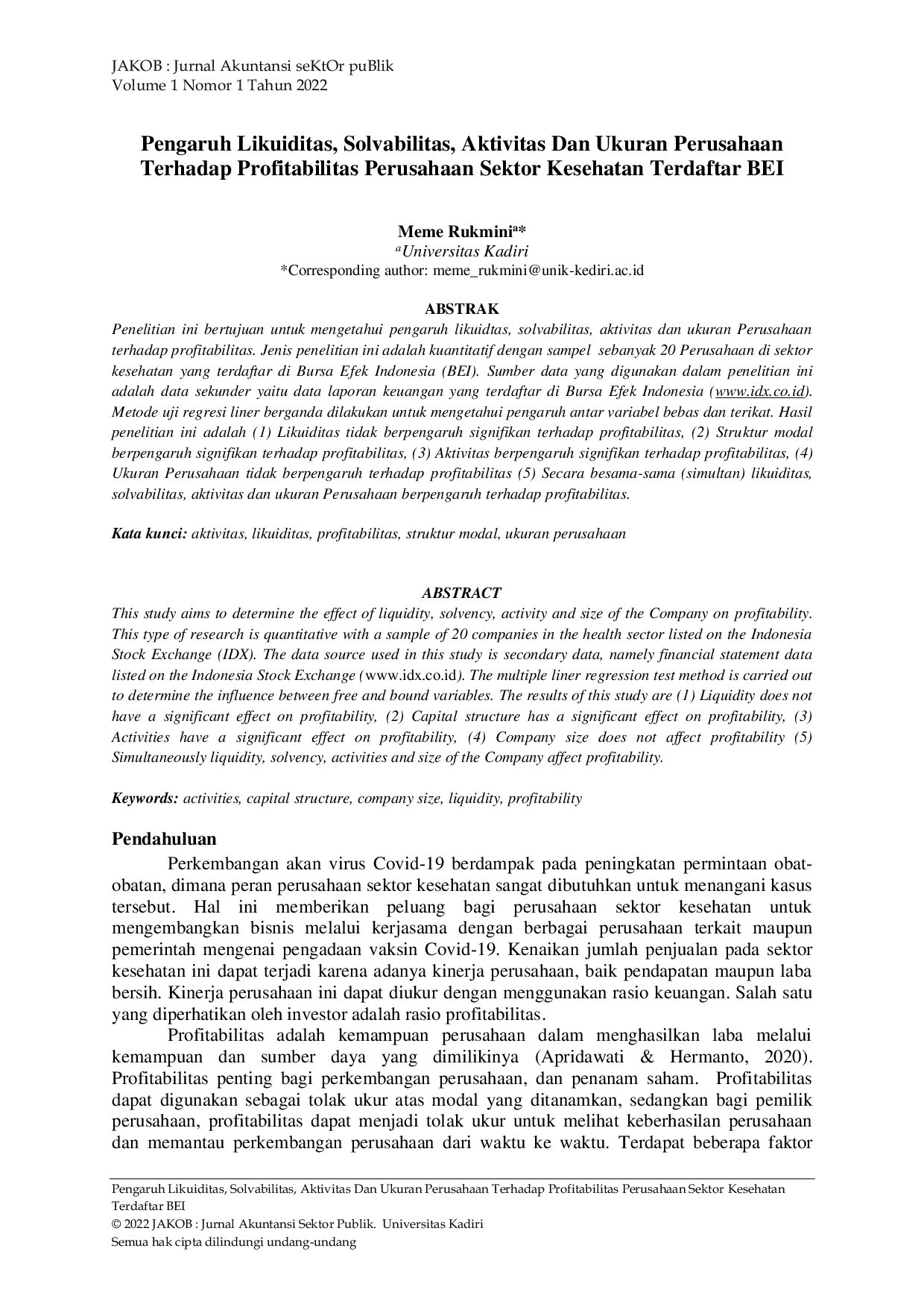 JURIS Pengaruh Likuiditas Solvabilitas Aktivitas Dan Ukuran Perusahaan Terhadap Profitabilitas Perusahaan Sektor Kesehatan Terdaftar BEI