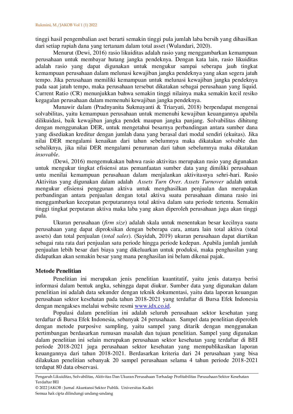 JURIS Pengaruh Likuiditas Solvabilitas Aktivitas Dan Ukuran Perusahaan Terhadap Profitabilitas Perusahaan Sektor Kesehatan Terdaftar BEI