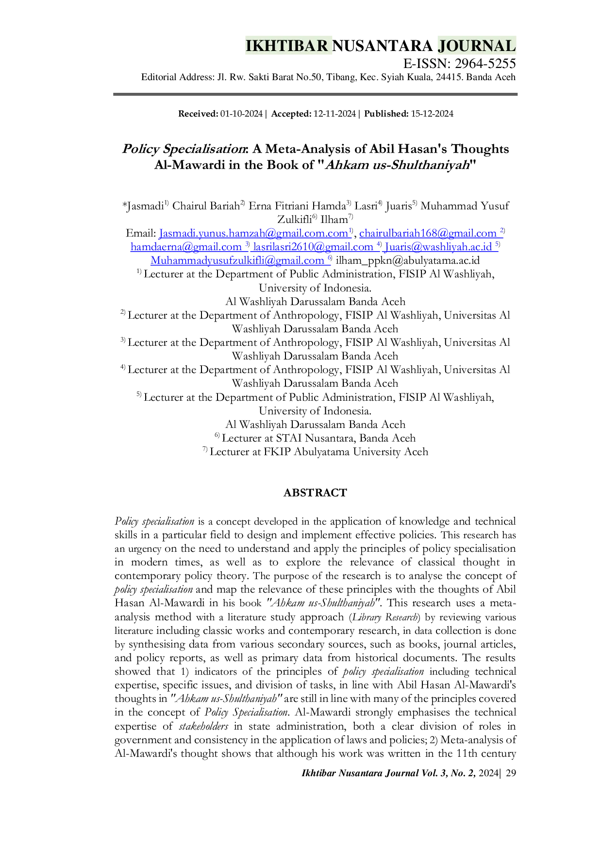 JURIS Policy Specialisation A Meta Analysis of Abil Hasan s Thoughts Al Mawardi in the Book of Ahkam us Shulthaniyah