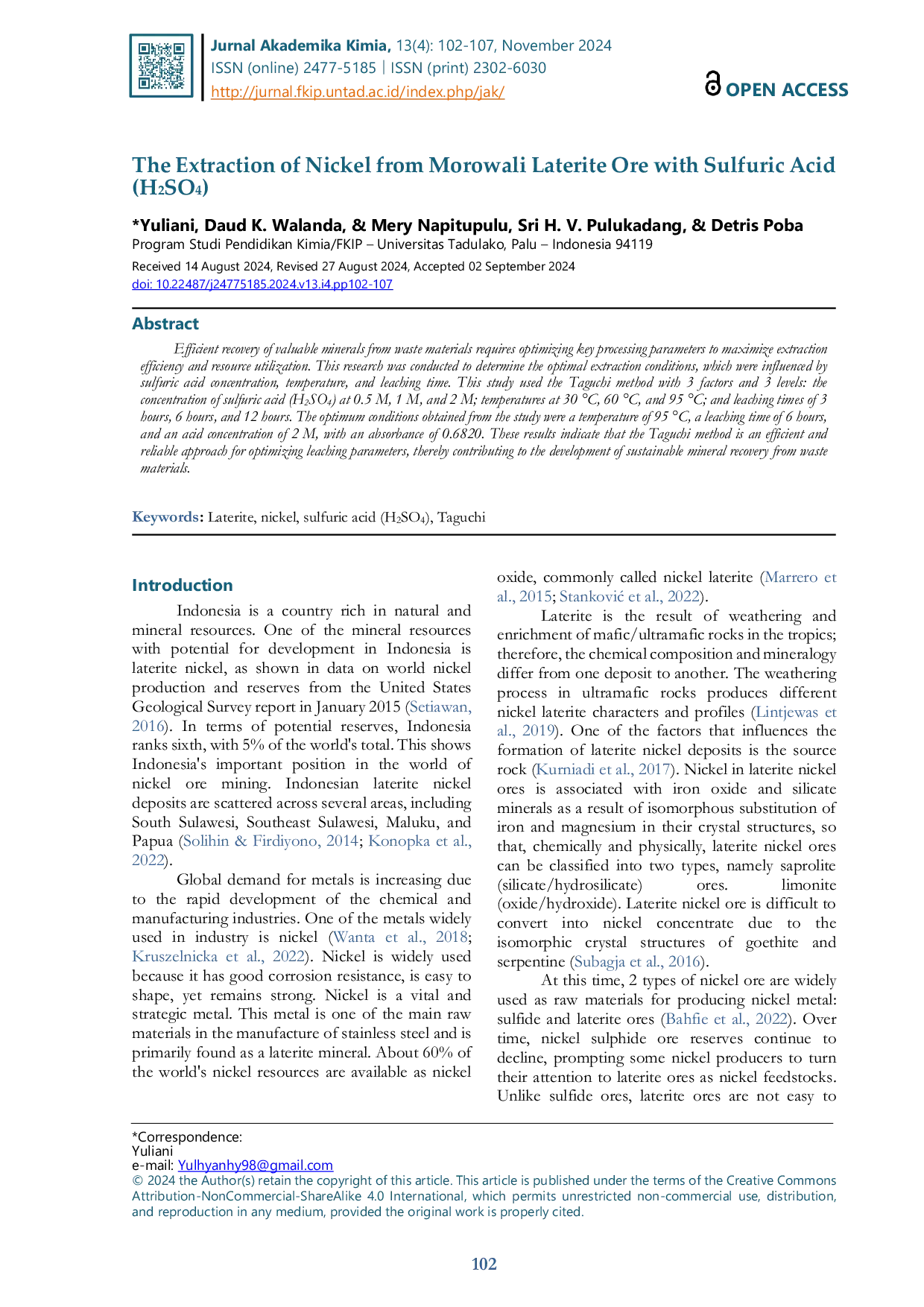 JURIS The Extraction of Nickel from Morowali Laterite Ore with Sulfuric Acid H2SO4