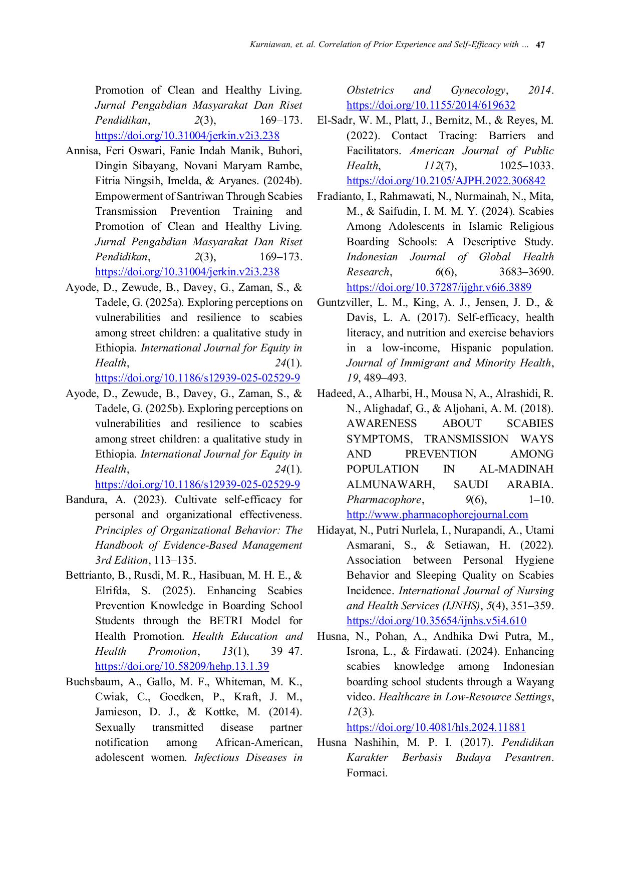 JURIS Correlation of Prior Experience and Self Efficacy with the Action Awareness of Scabies Prevention