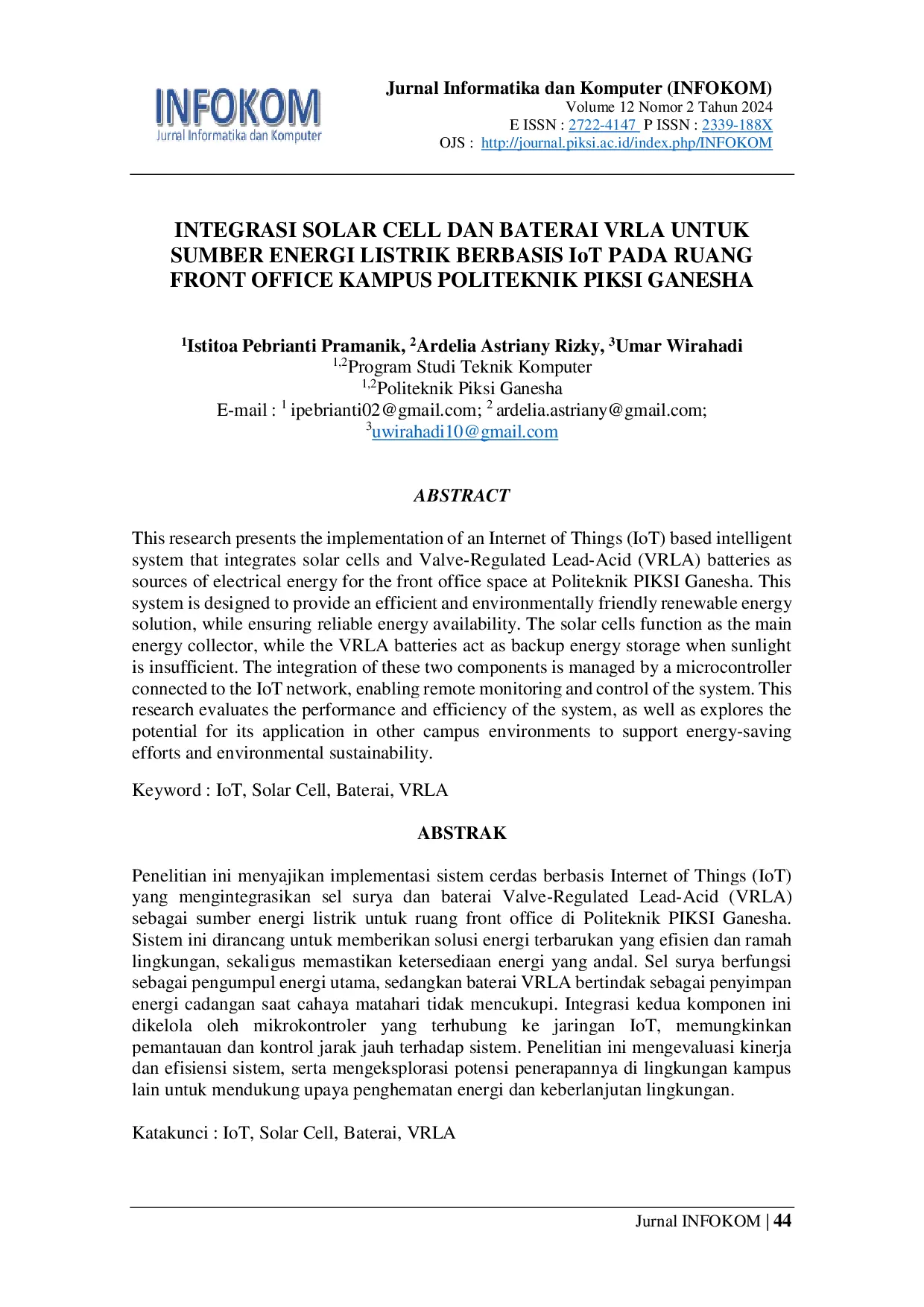 JURIS INTEGRASI SOLAR CELL DAN BATERAI VRLA UNTUK SUMBER ENERGI LISTRIK BERBASIS IoT PADA RUANG FRONT OFFICE KAMPUS POLITEKNIK PIKSI GANESHA