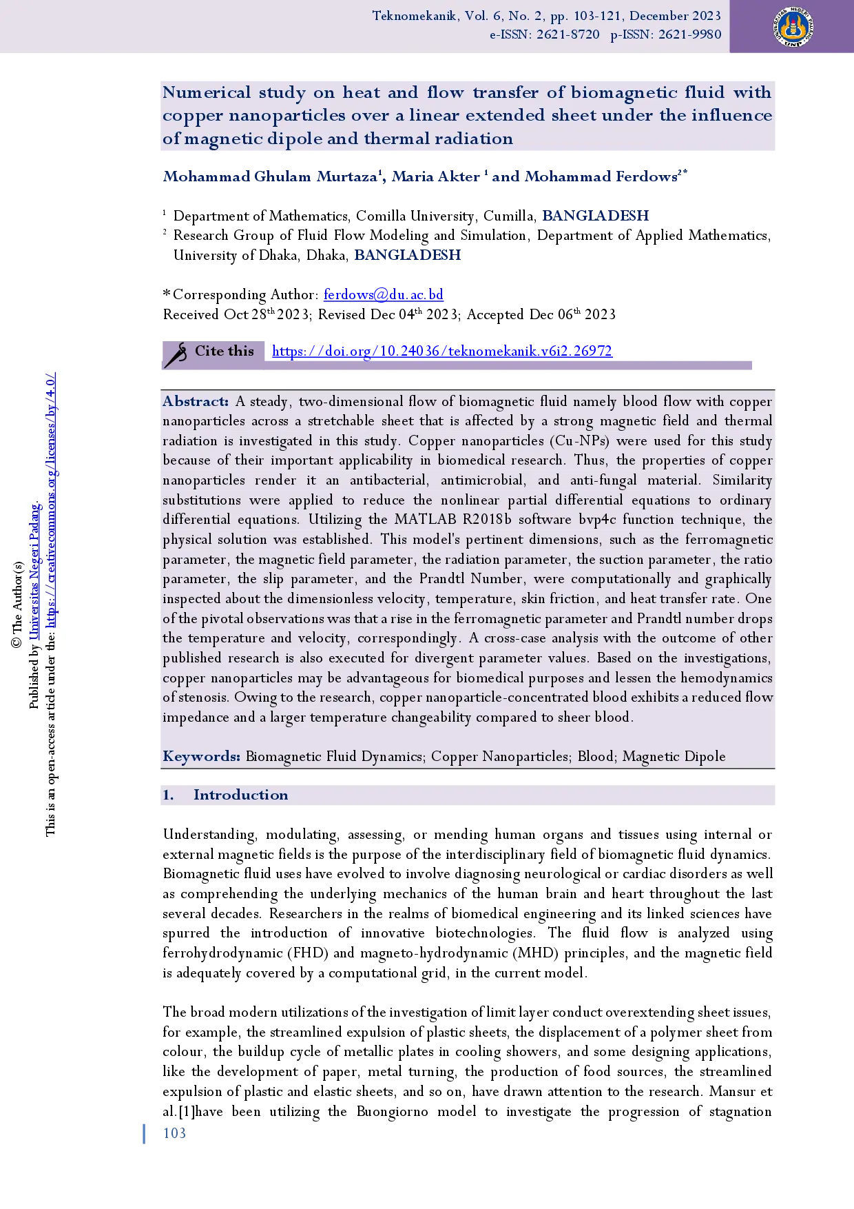 juris Numerical study on heat and flow transfer of biomagnetic fluid with copper nanoparticles over a linear extended sheet under the influence of magnetic dipole and thermal radiation