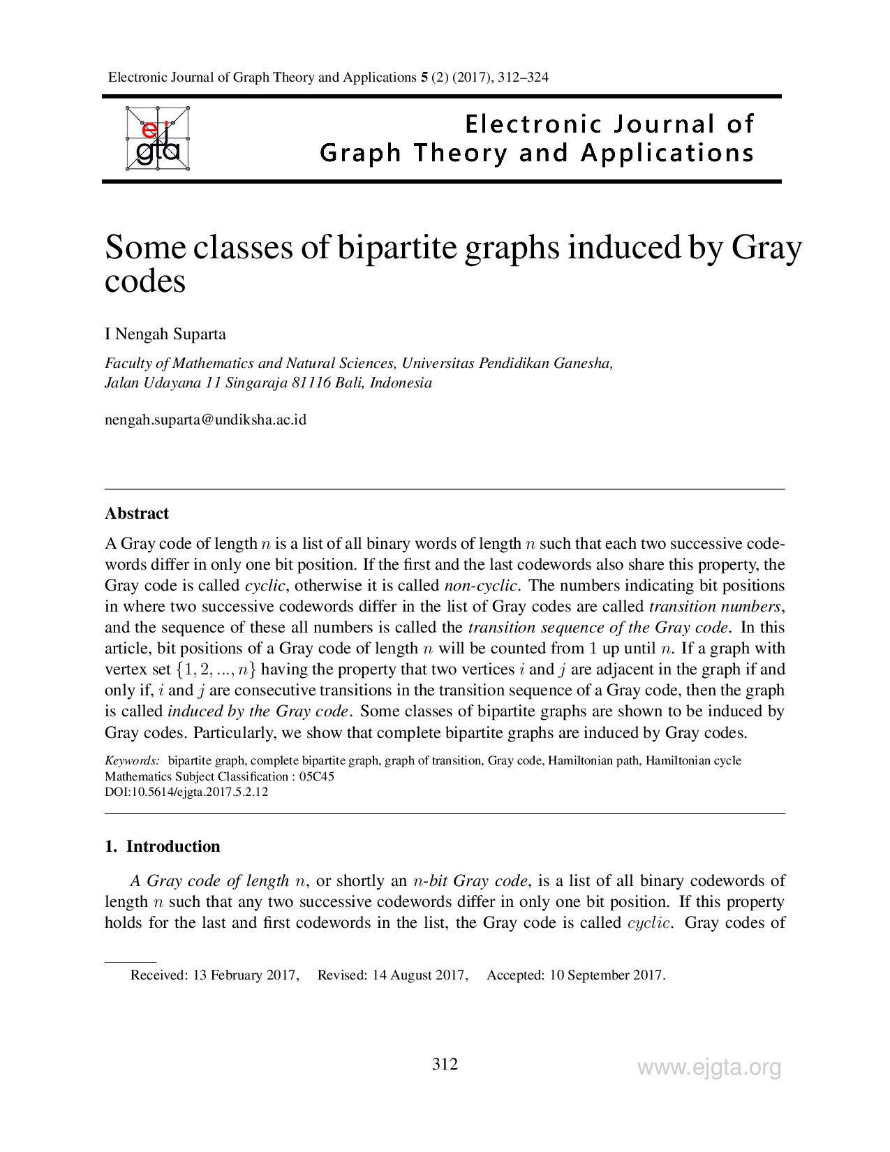 juris Some classes of bipartite graphs induced by Gray codes
