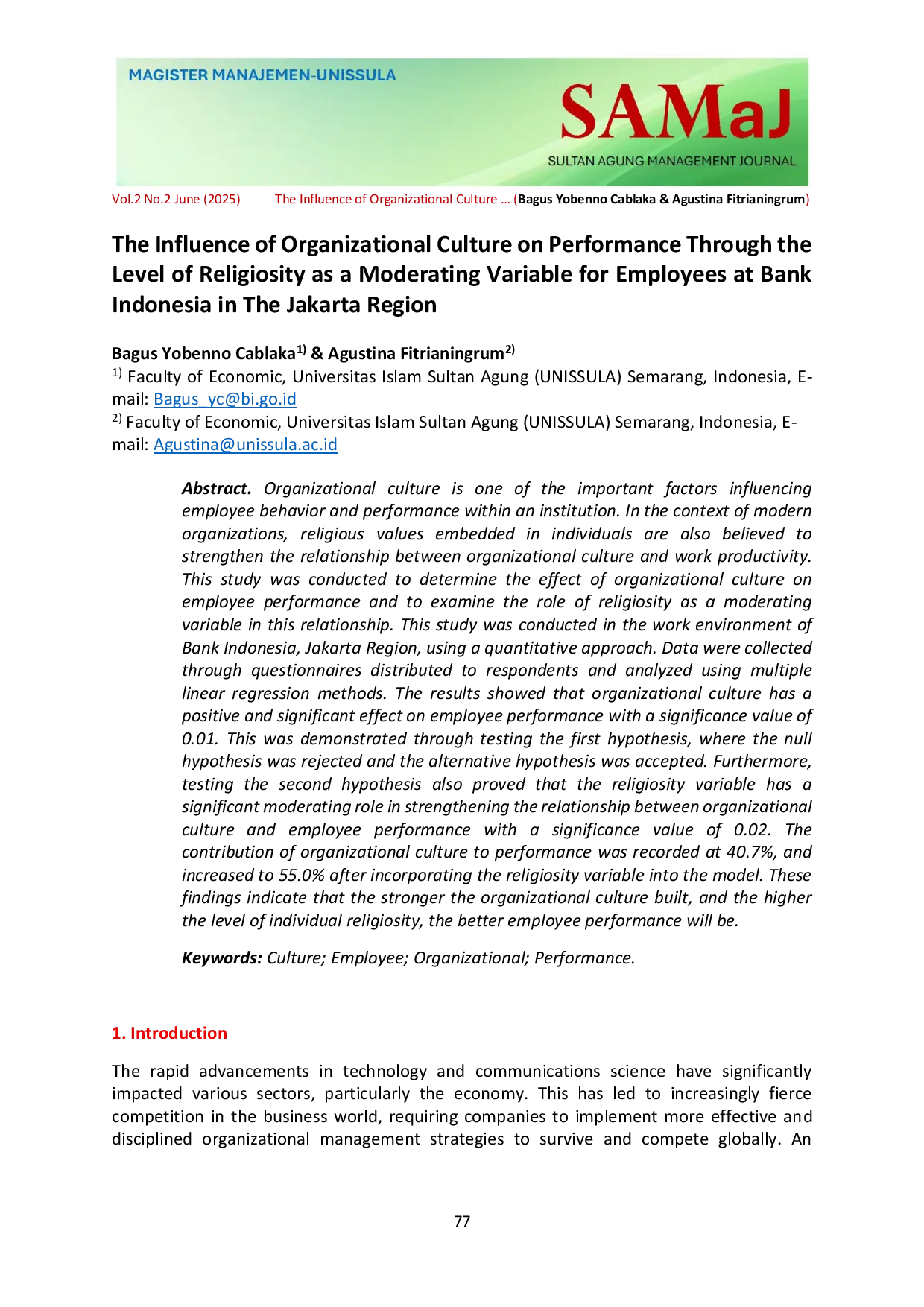 JURIS The Influence of Organizational Culture on Performance Through the Level of Religiosity as a Moderating Variable for Employees at Bank Indonesia in the Jakarta Region