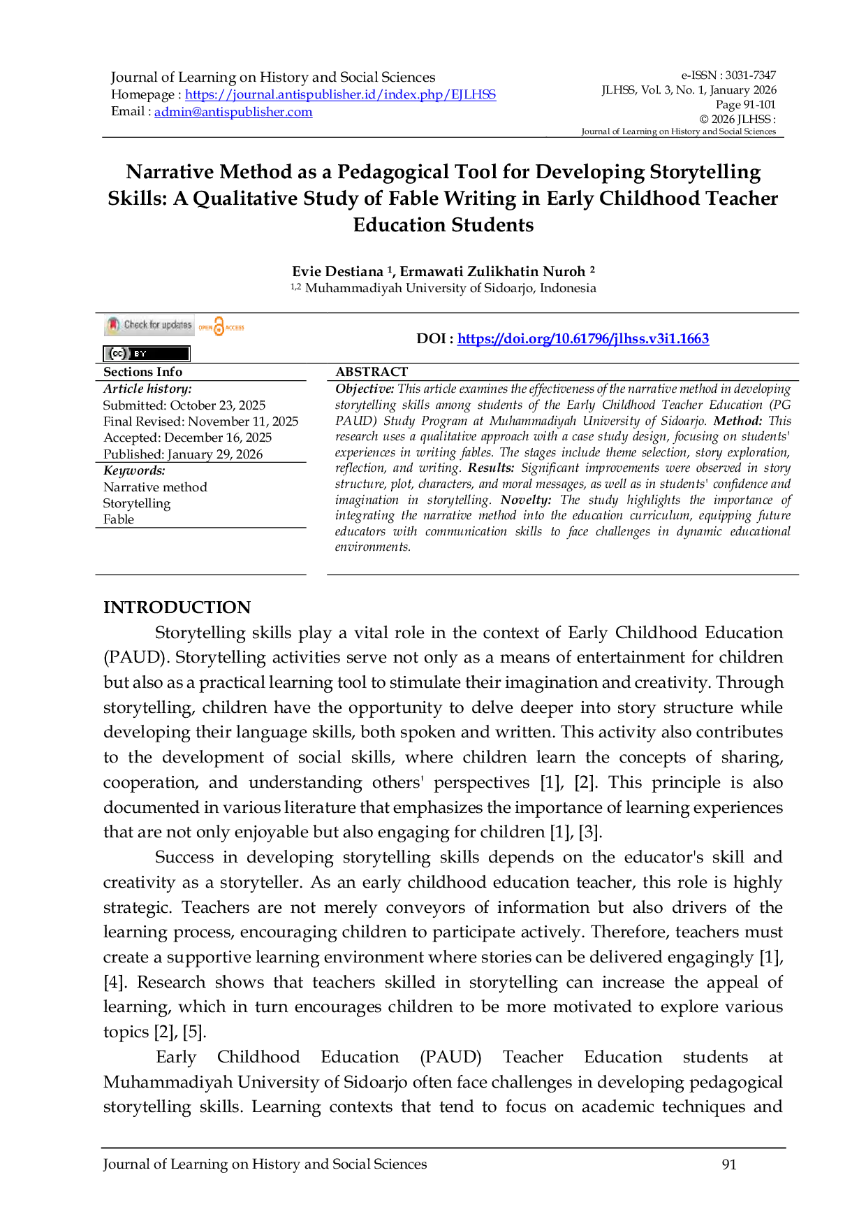 JURIS Narrative Method as a Pedagogical Tool for Developing Storytelling Skills A Qualitative Study of Fable Writing in Early Childhood Teacher Education Students