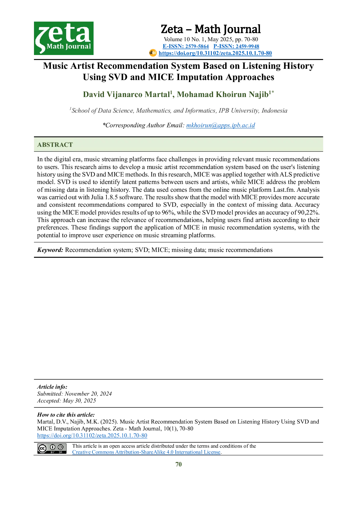 JURIS Music Artist Recommendation System Based on Listening History Using SVD and MICE Imputation Approaches