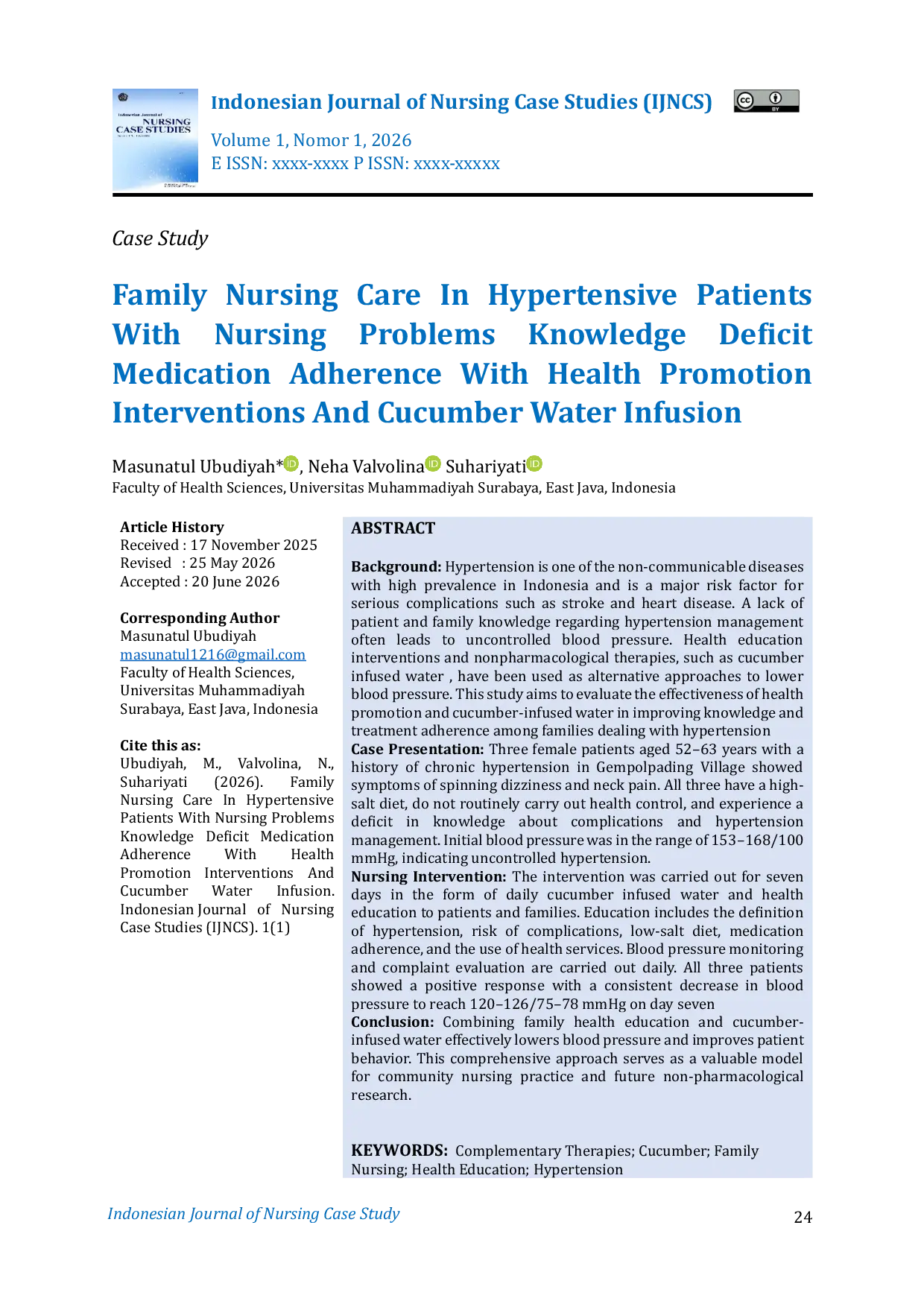 JURIS Family Nursing Care In Hypertensive Patients With Nursing Problems Knowledge Deficit Medication Adherence With Health Promotion Interventions And Cucumber Water Infusion