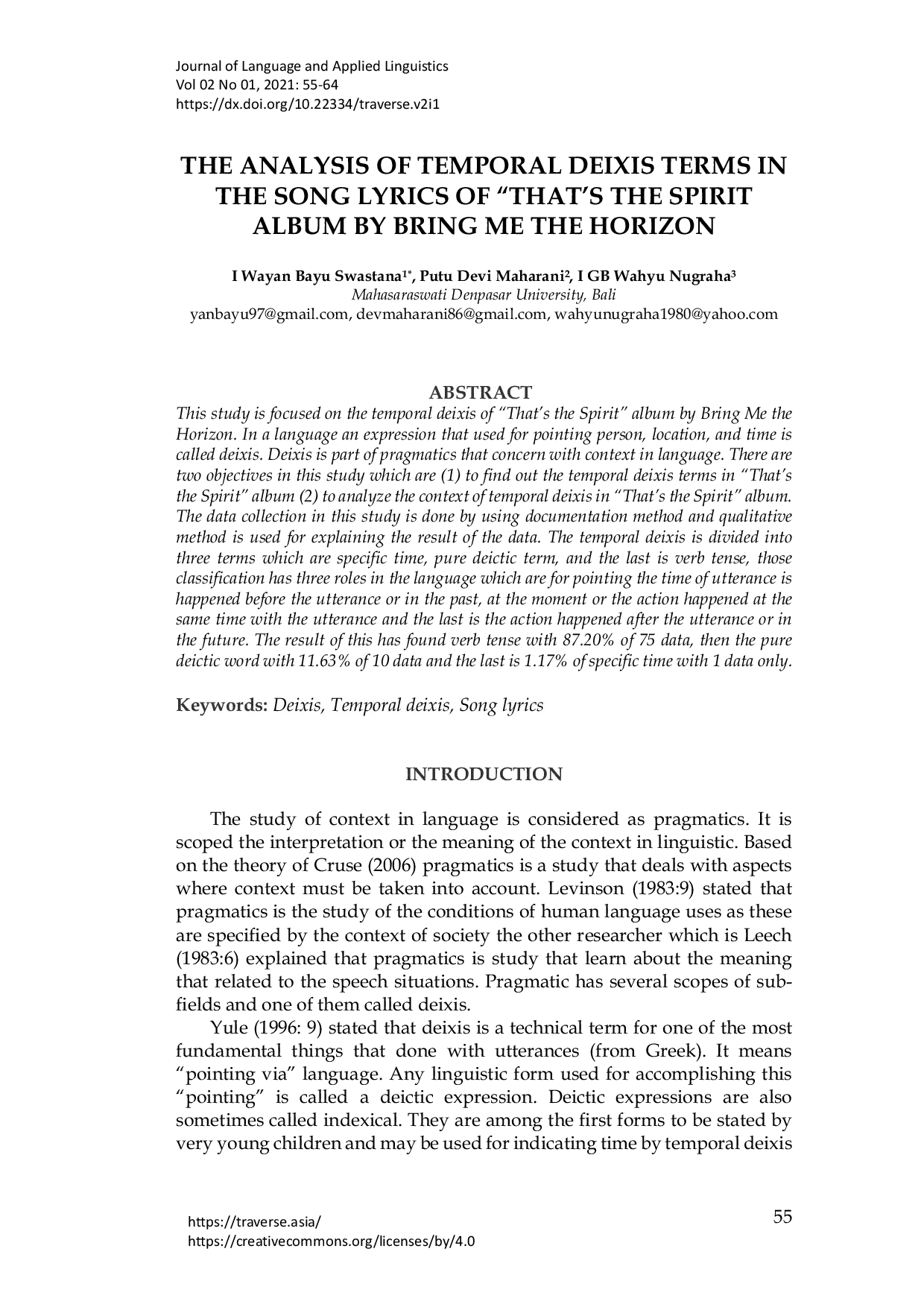 JURIS The Analysis of Temporal Deixis Terms in the Song Lyrics of That s the Spirit Album by Bring Me the Horizon