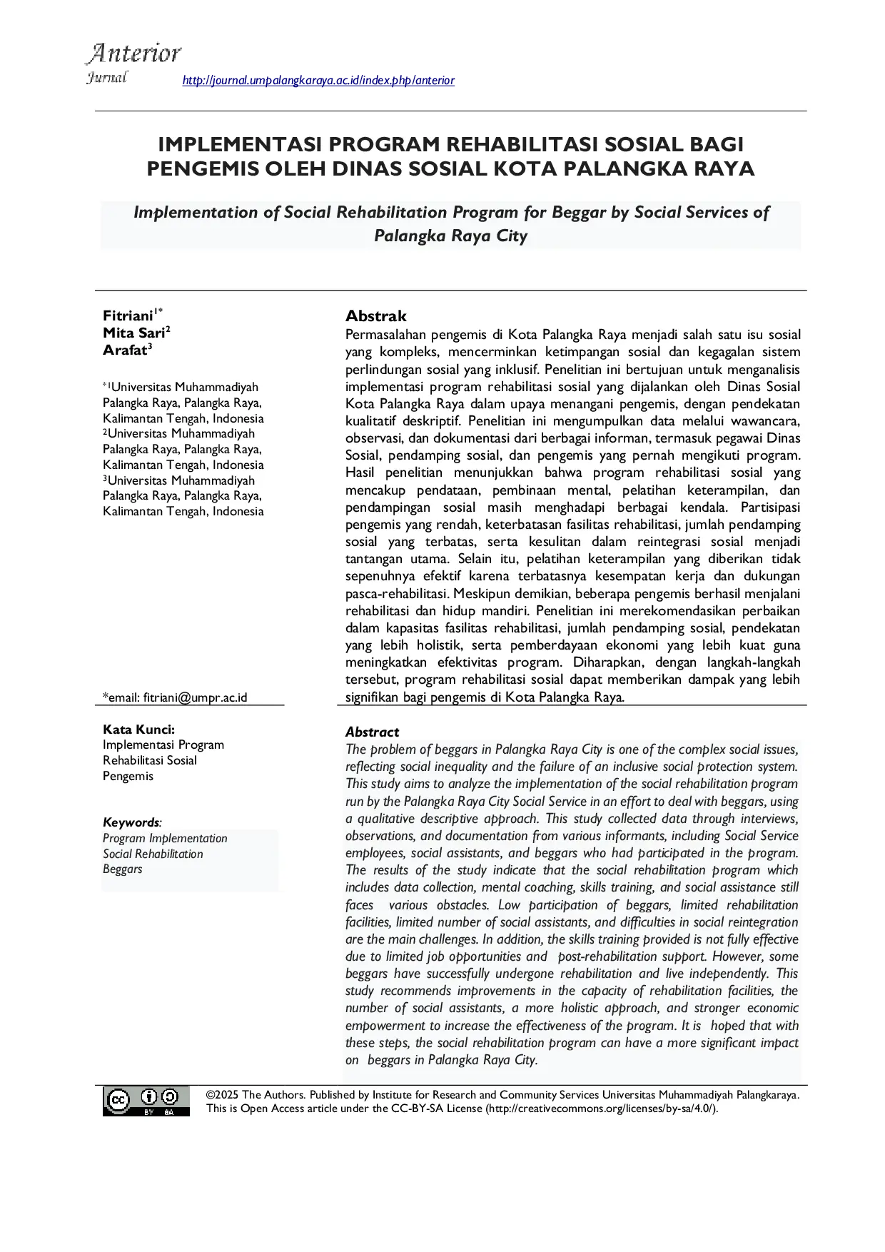 JURIS Implementasi Program Rehabilitasi Sosial bagi Pengemis oleh Dinas Sosial Kota Palangka Raya