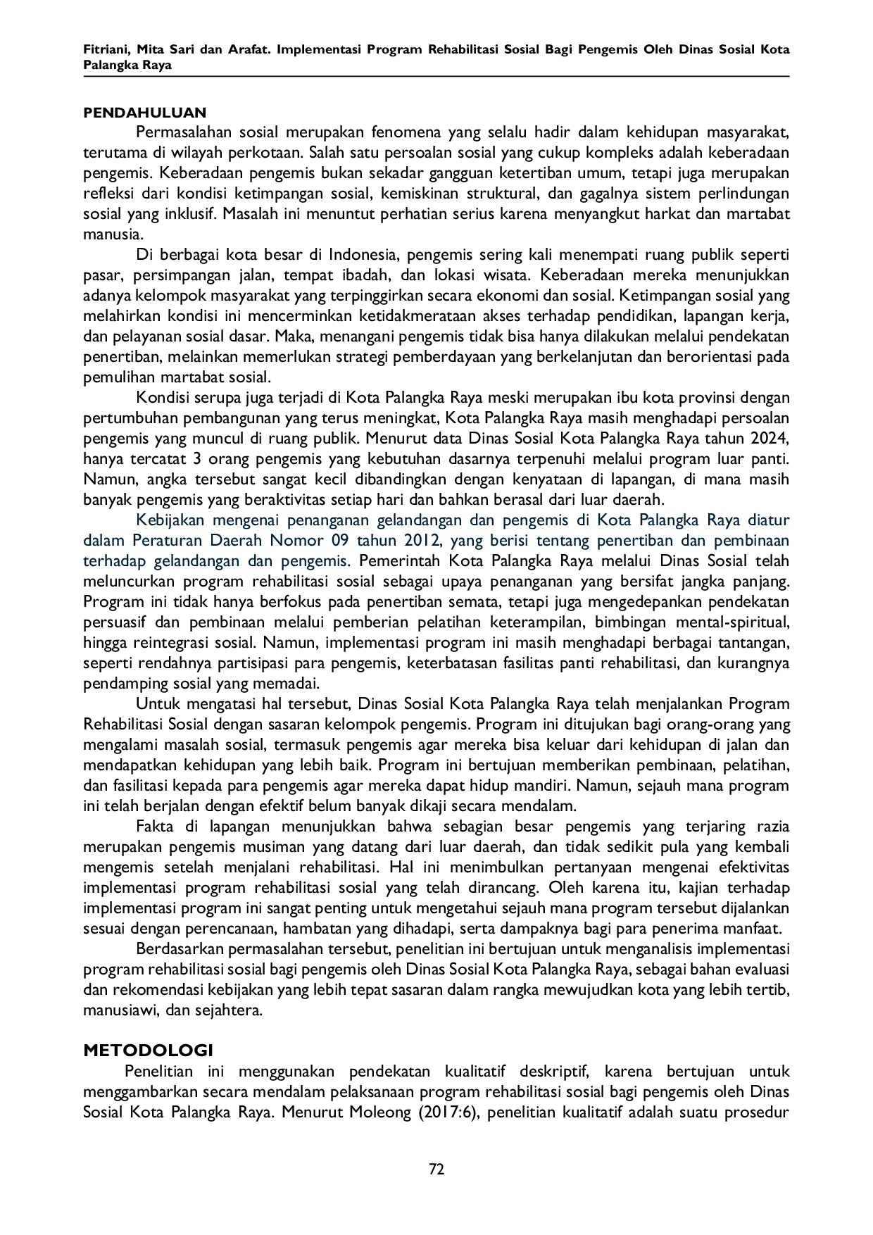 JURIS Implementasi Program Rehabilitasi Sosial bagi Pengemis oleh Dinas Sosial Kota Palangka Raya