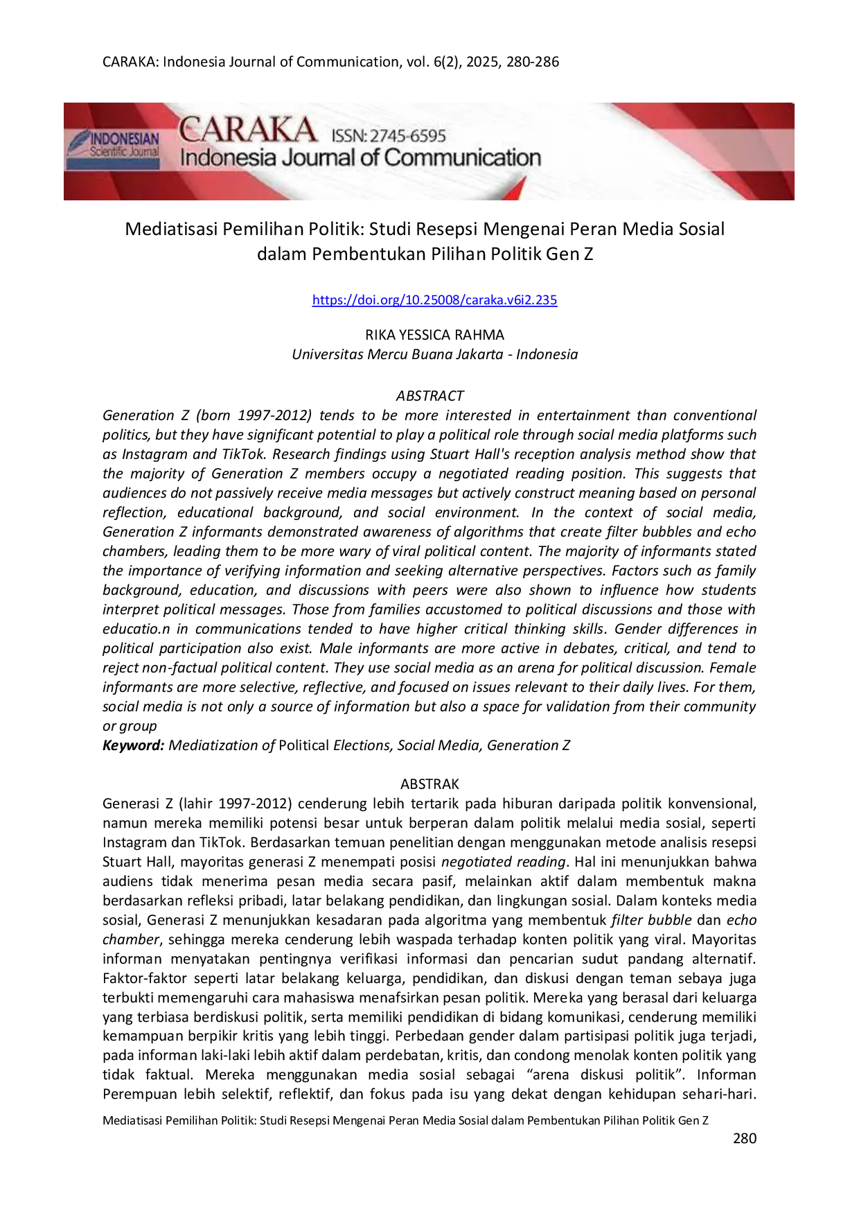 JURIS Mediatisasi Pemilihan Politik Studi Resepsi Mengenai Peran Media Sosial dalam Pembentukan Pilihan Politik Gen Z