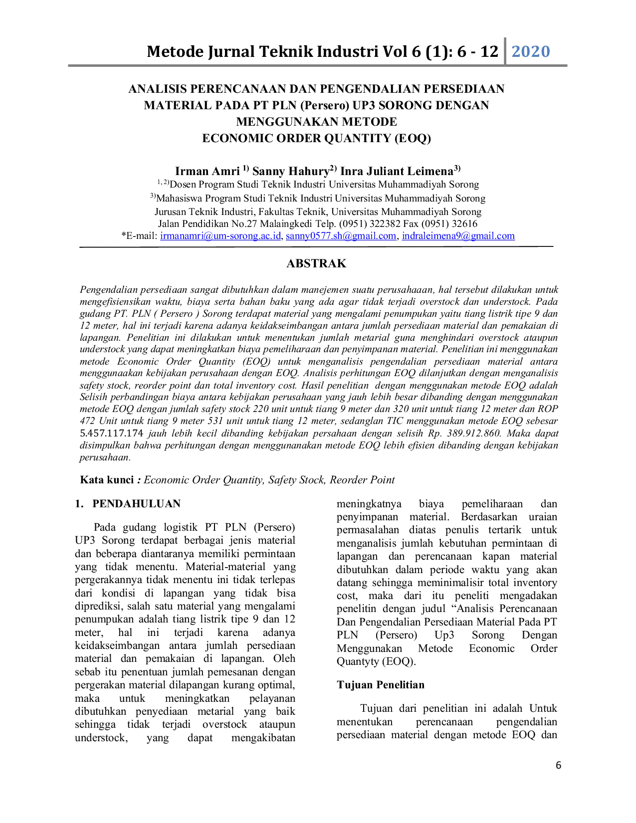 JURIS ANALISIS PERENCANAAN DAN PENGENDALIAN PERSEDIAAN MATERIAL PADA PT PLN Persero UP3 SORONG DENGAN MENGGUNAKAN METODE ECONOMIC ORDER QUANTITY EOQ