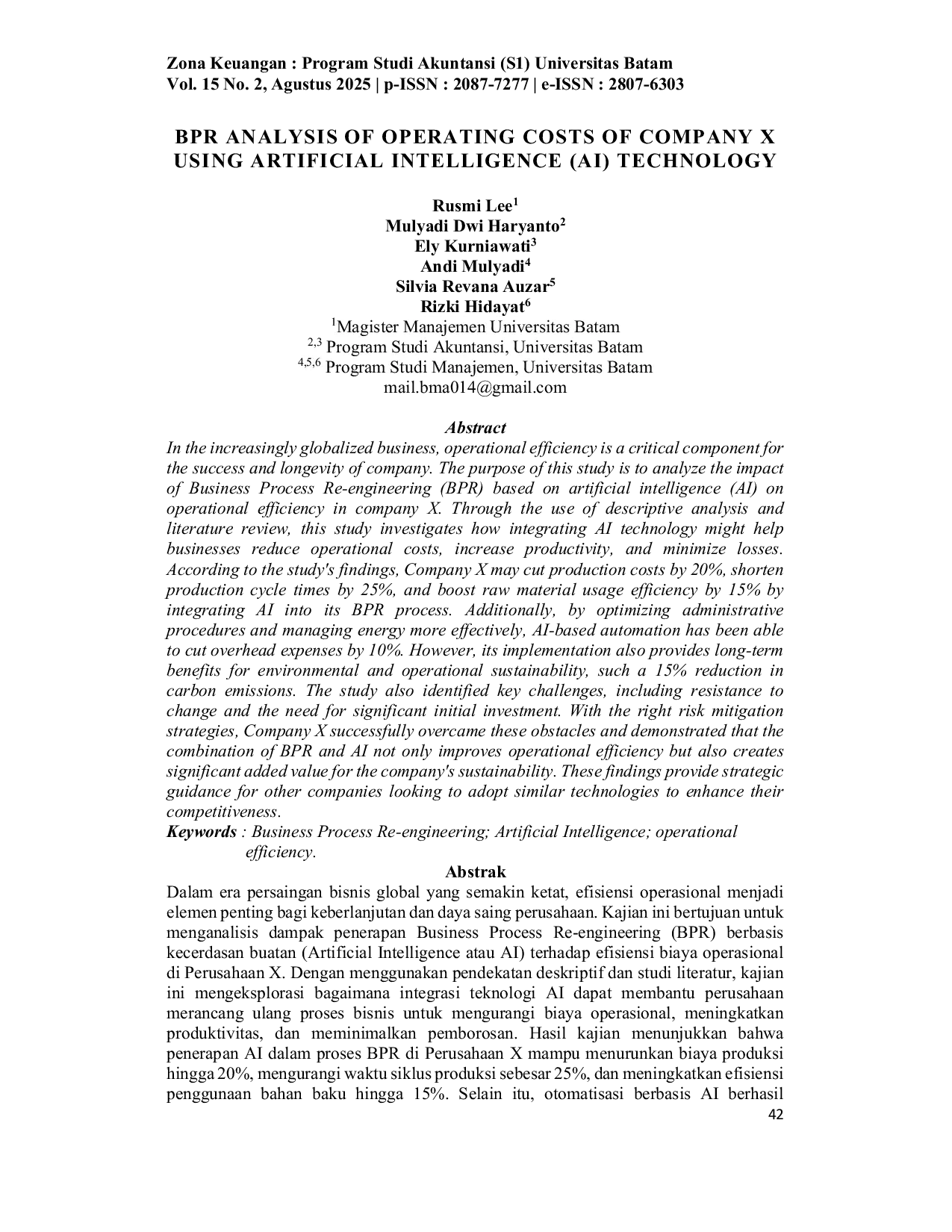 JURIS BPR Analysis of Operating Costs of Company X Using Artificial Intelligence AI Technology