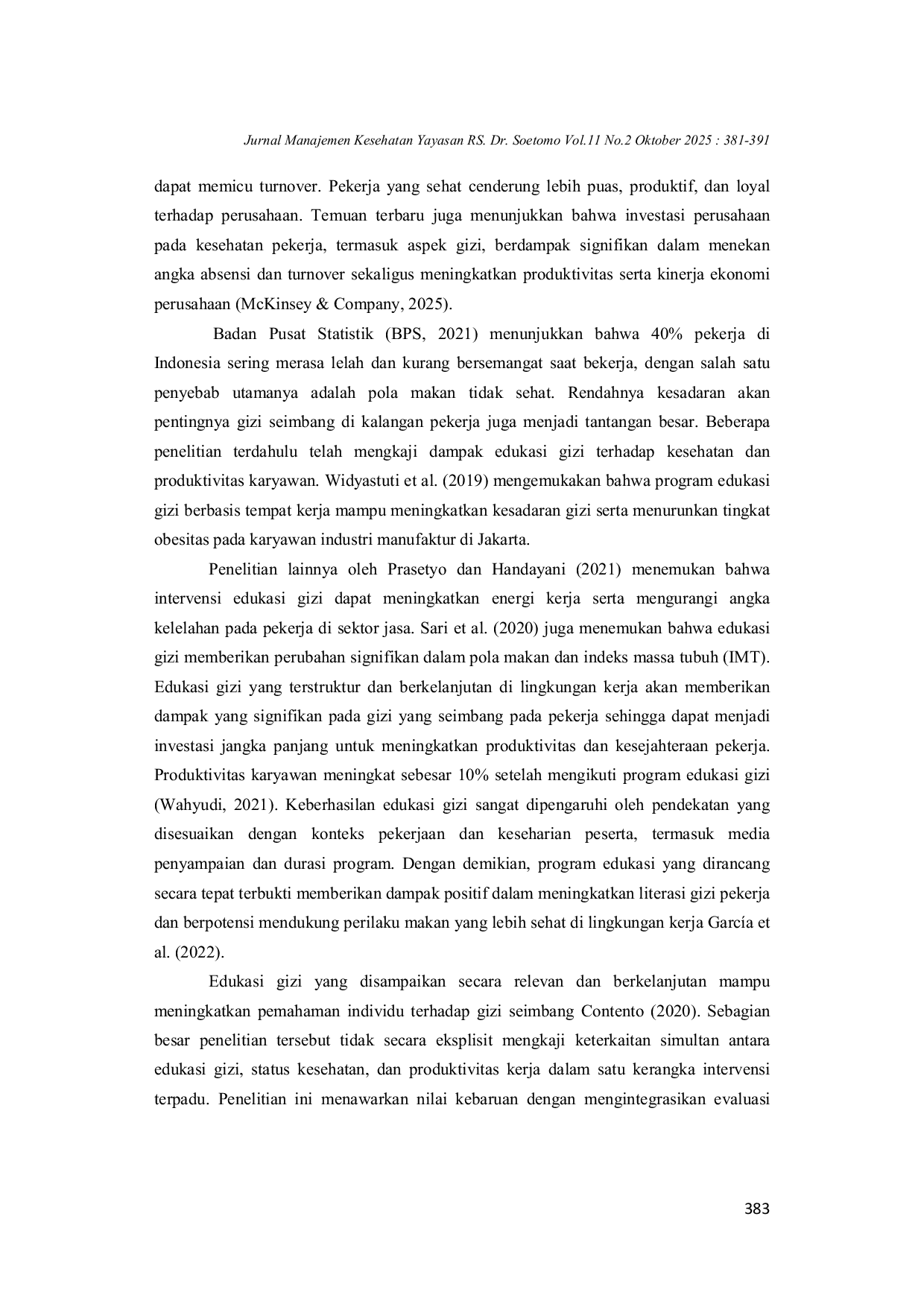 JURIS Dampak Pelaksanaan Program Pendidikan Gizi terhadap Produktivitas dan Kesehatan Pekerja