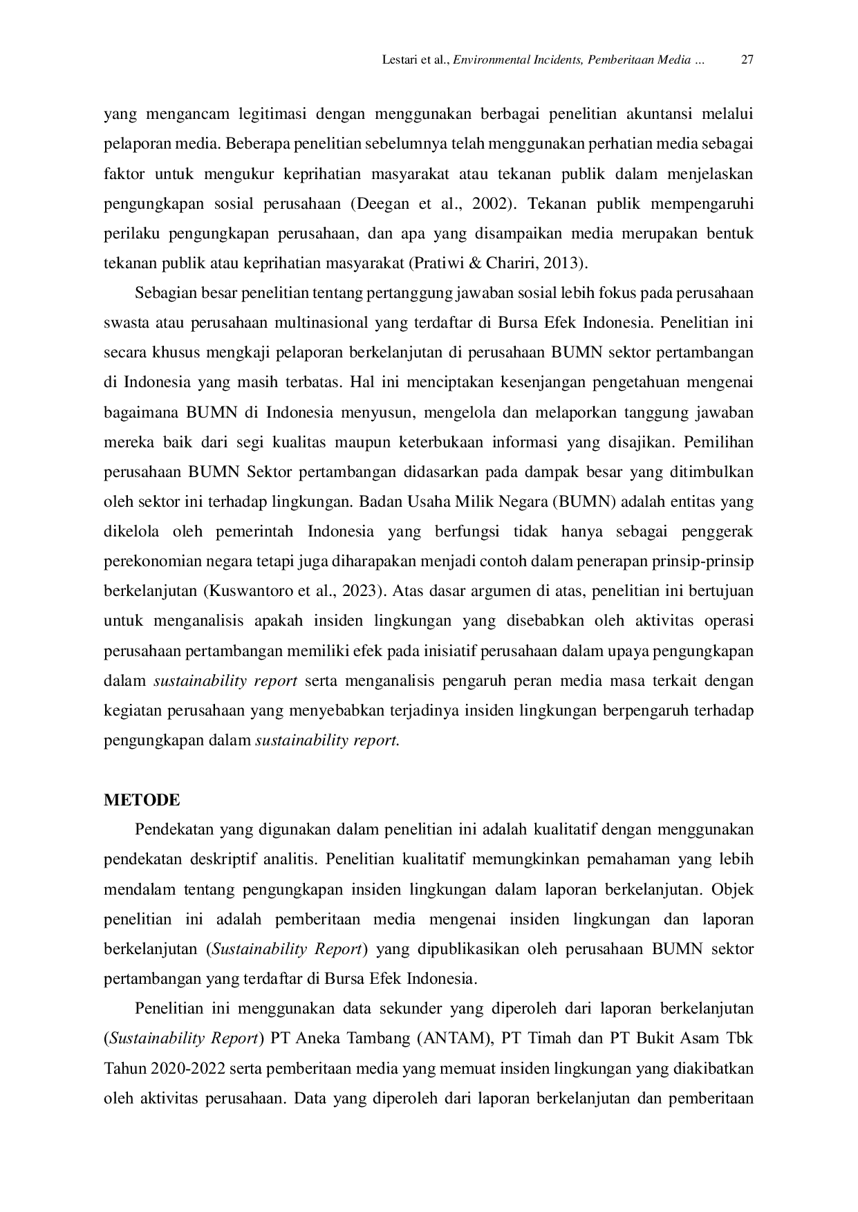 JURIS Environmental Incidents Pemberitaan Media dan Praktik Pengungkapan Sustainability Report