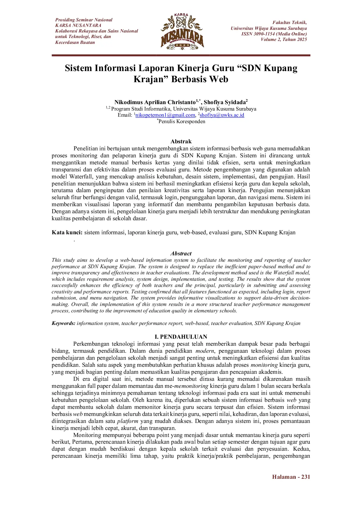 JURIS Sistem Informasi Laporan Kinerja Guru SDN Kupang Krajan Berbasis Web