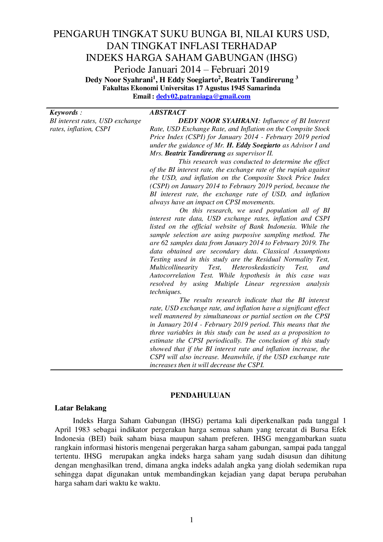 JURIS Pengaruh Tingkat Suku Bunga Bi Nilai Kurs Usd Dan Tingkat Inflasi Terhadap Indeks Harga Saham Gabungan IHSG Periode Januari 2014 Februari 2019