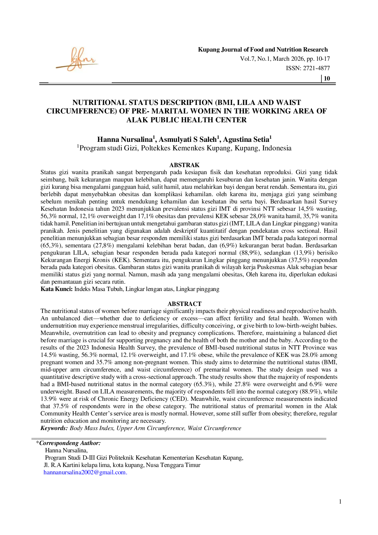 JURIS Nutritional Status Description Bmi Lila And Waist Circumference Of Pre Marital Women In The Working Area Of Alak Public Health Center