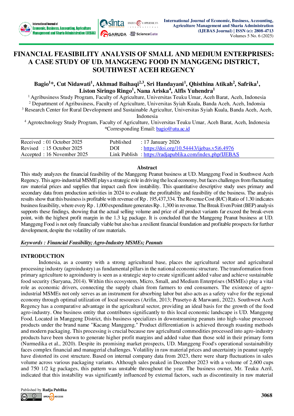 JURIS Financial Feasibility Analysis of Small and Medium Enterprises A Case Study of Ud Manggeng Food in Manggeng District Southwest Aceh Regency