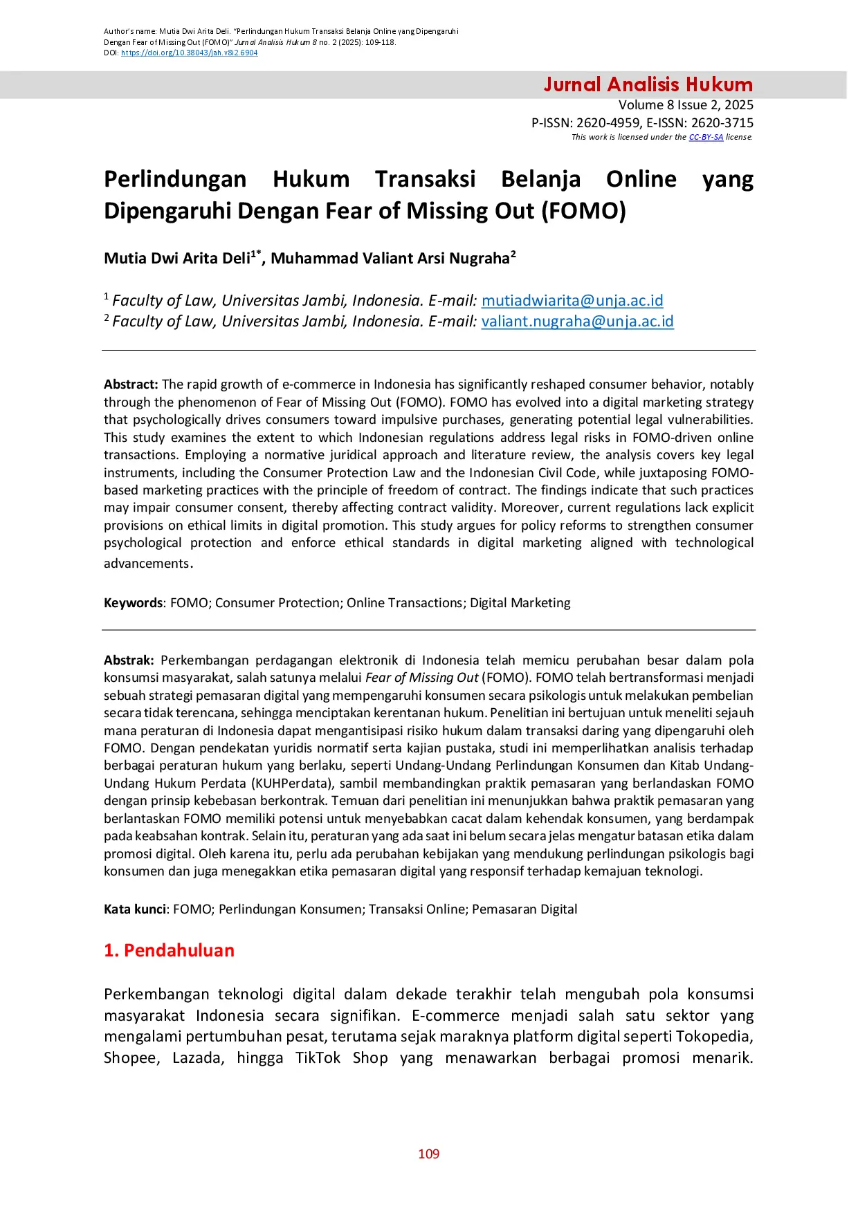 juris Perlindungan hukum transaksi belanja online yang dipengaruhi dengan Fear Of Missing Out FOMO