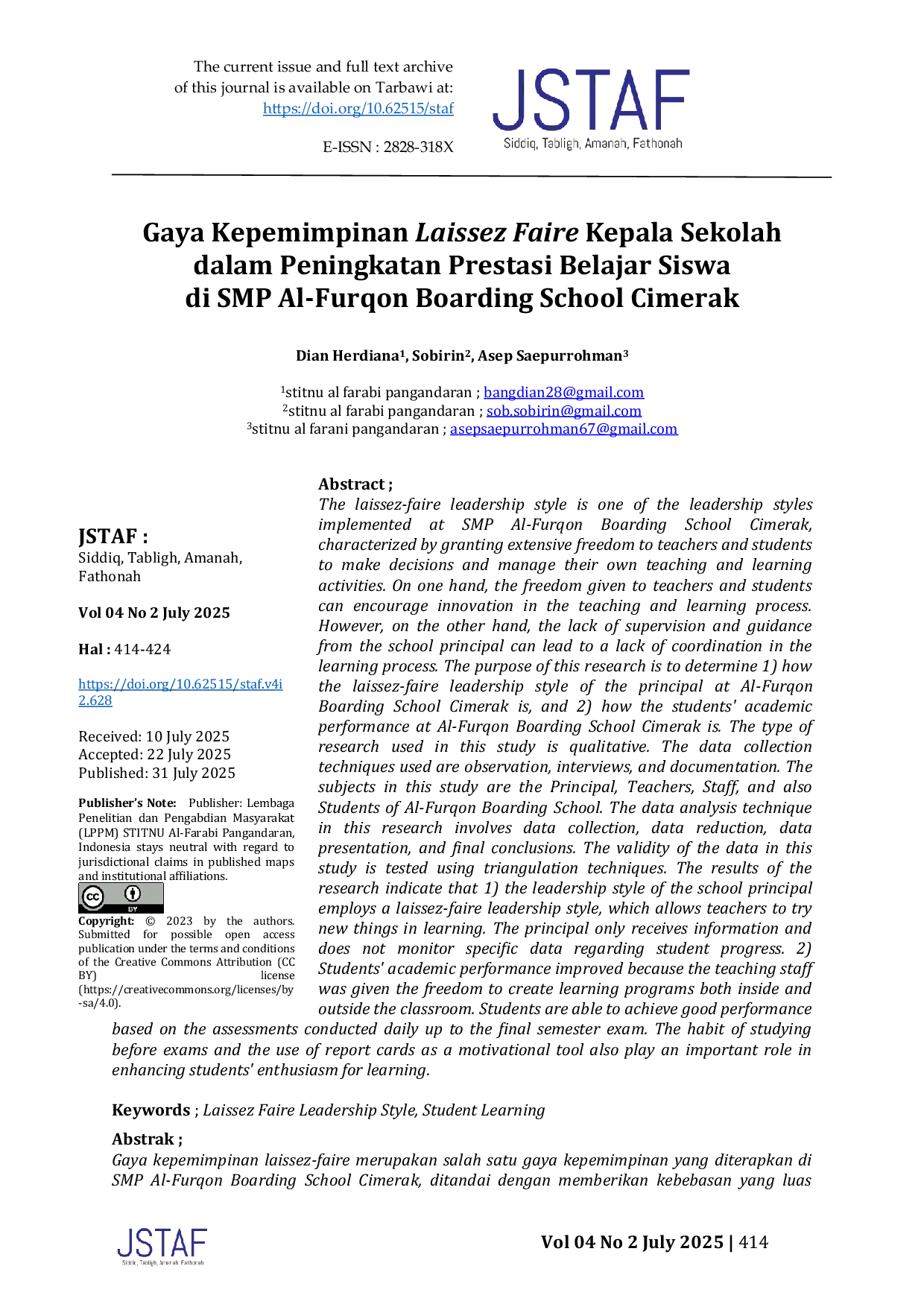 JURIS Gaya Kepemimpinan Laissez Faire Kepala Sekolah dalam Peningkatan Prestasi Belajar Siswa di SMP Al Furqon Boarding School Cimerak