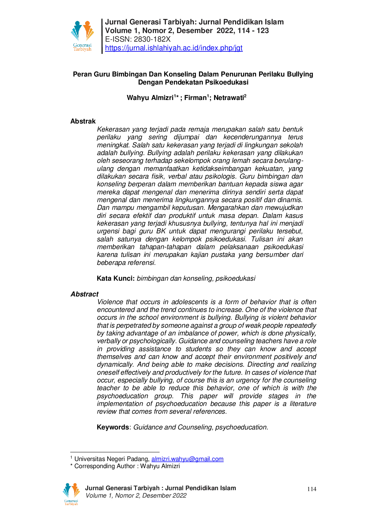 JURIS Peran Guru Bimbingan Dan Konseling Dalam Penurunan Perilaku Bullying Dengan Pendekatan Psikoedukasi