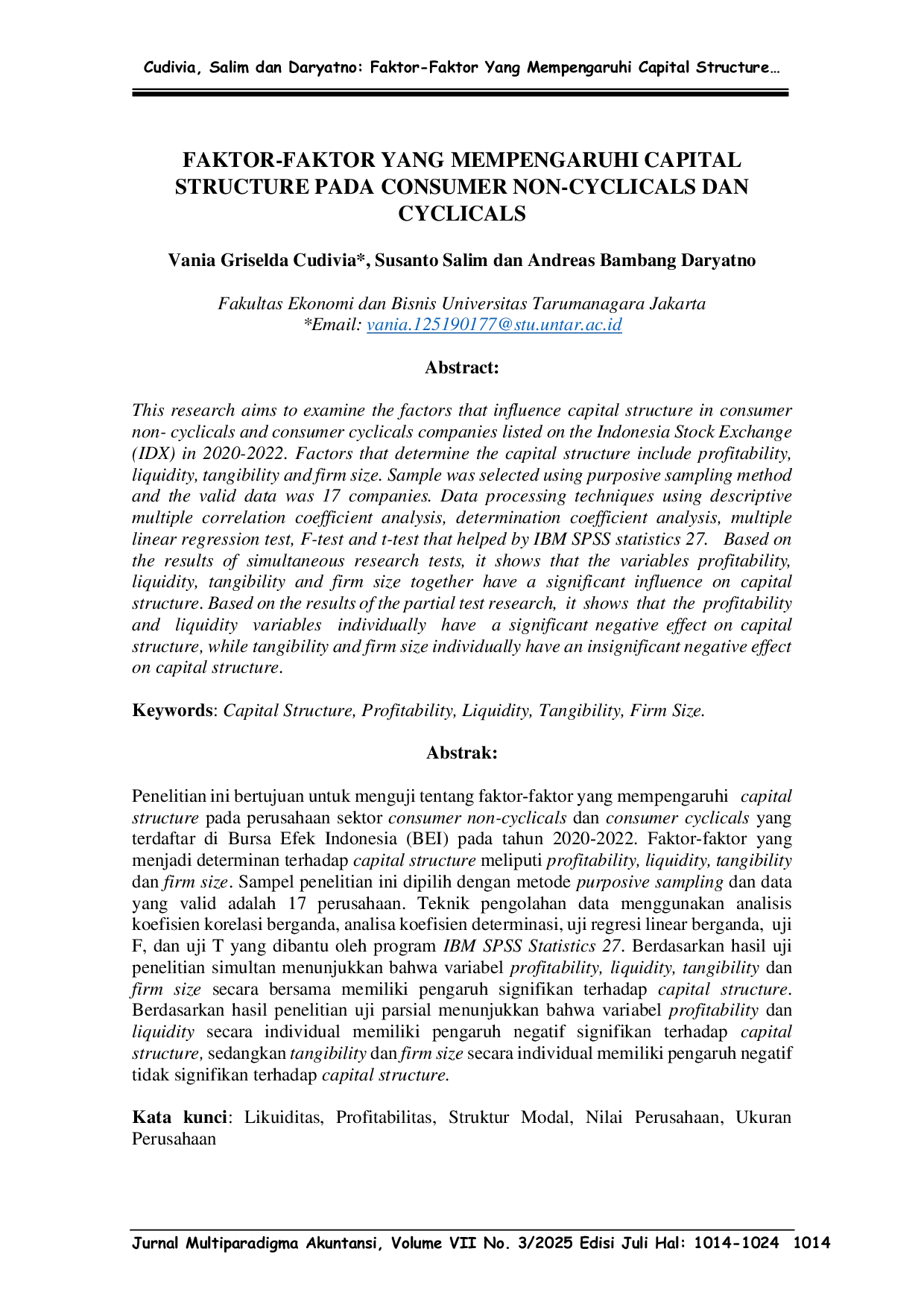 JURIS Faktor Faktor Yang Mempengaruhi Capital Structure Pada Consumer Non Cyclicals Dan Cyclicals