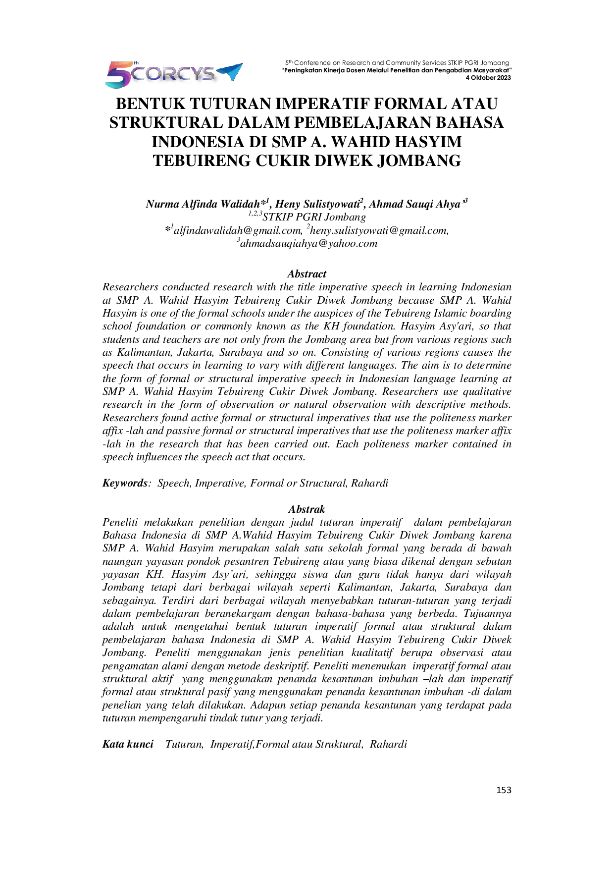 JURIS Bentuk Tuturan Imperatif Formal atau Struktural dalam Pembelajaran Bahasa Indonesia di SMP A Wahid Hasyim Tebuireng Cukir Diwek Jombang