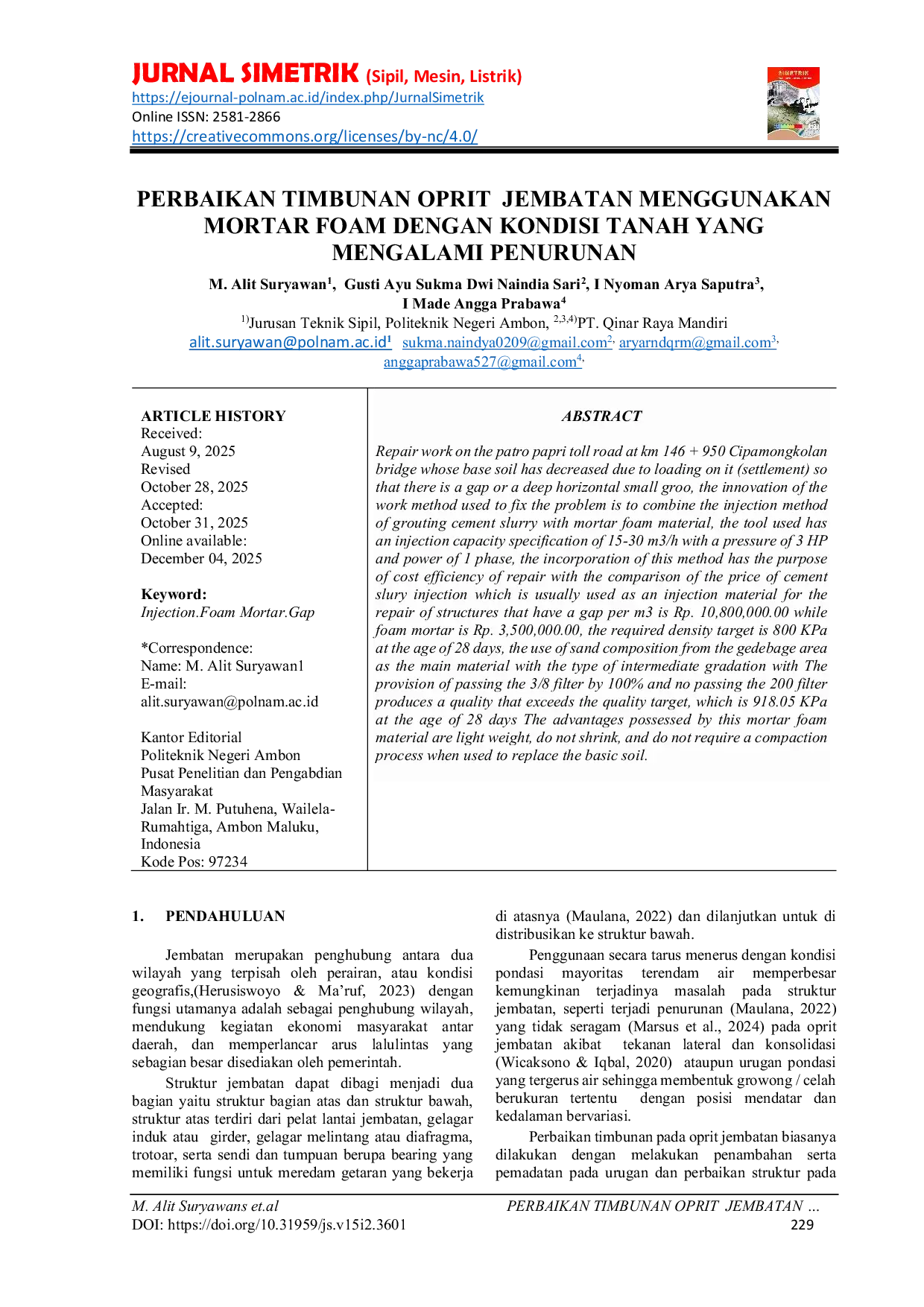 JURIS Perbaikan Timbunan Oprit Jembatan Menggunakan Mortar Foam dengan Kondisi Tanah yang Mengalami Penurunan