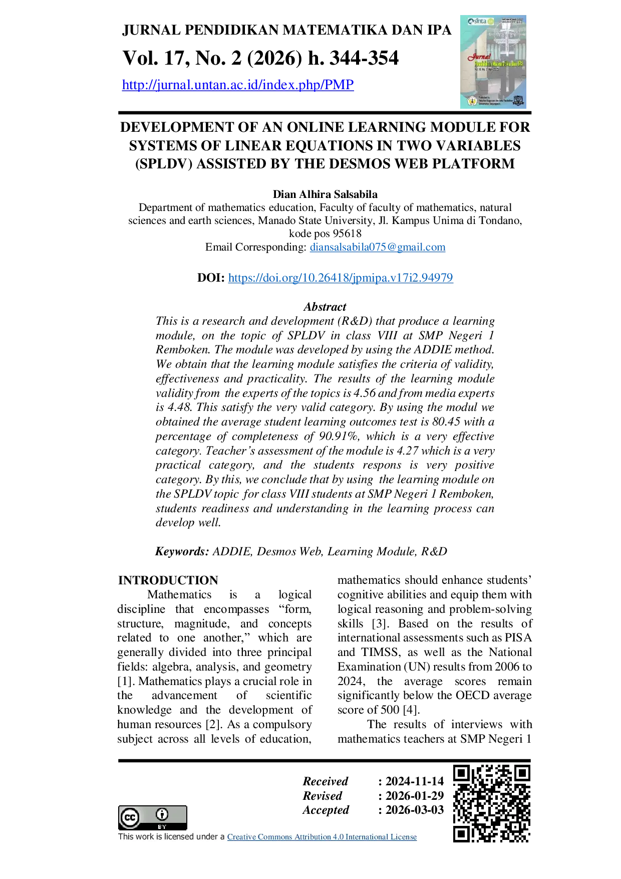 JURIS Development of an Online Learning Module for Systems of Linear Equations in Two Variables SPLDV Assisted by the Desmos Web Platform