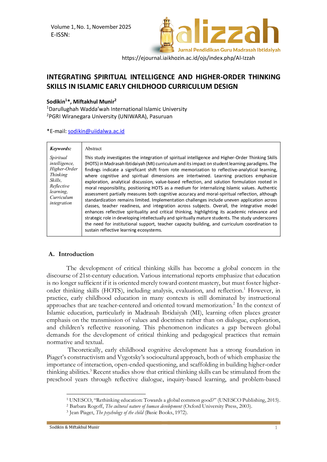 JURIS Integrating Spiritual Intelligence And Higher Order Thinking Skills In Islamic Early Childhood Curriculum Design