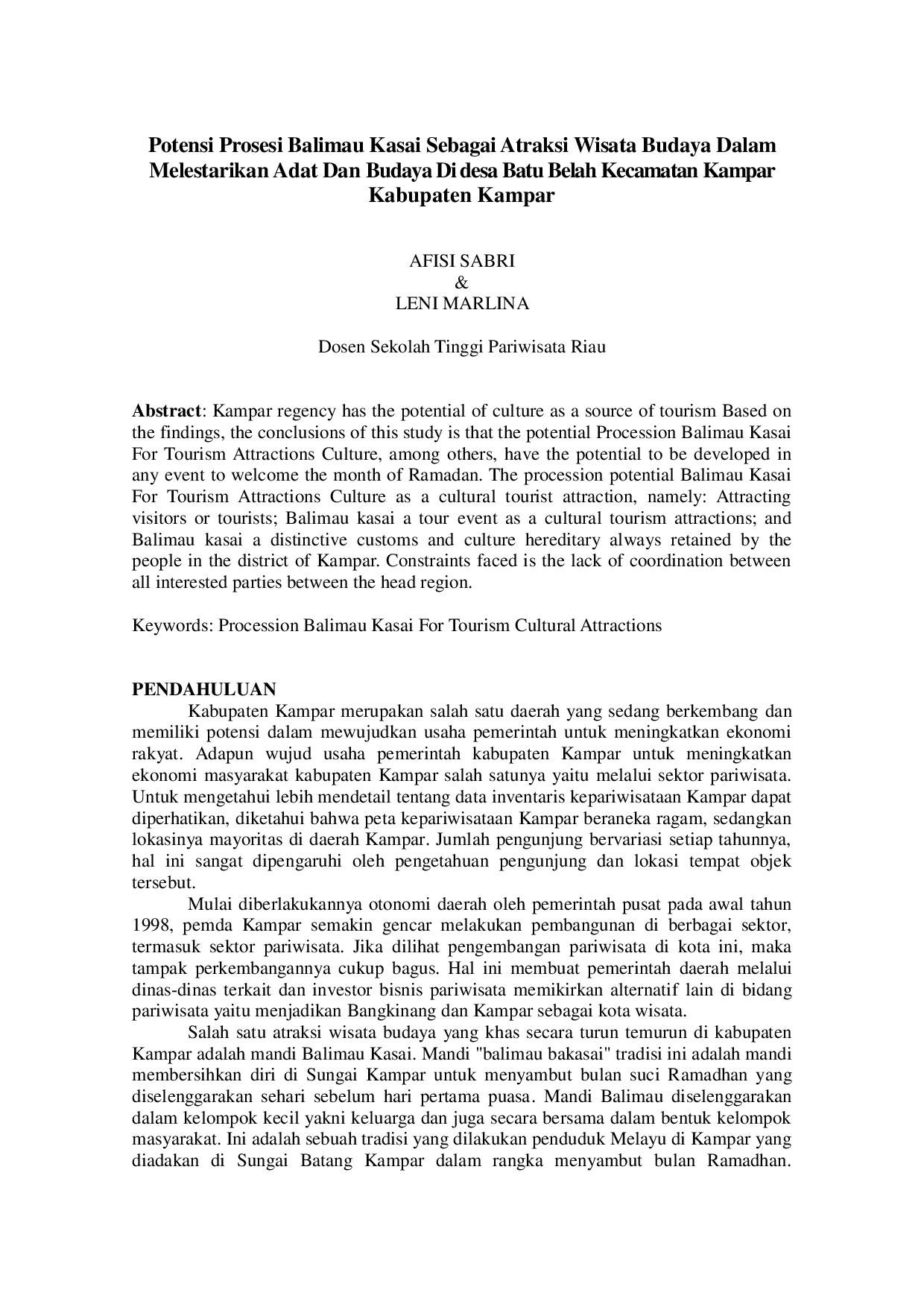 juris Potensi Prosesi Balimau Kasai Sebagai Atraksi Wisata Budaya Dalam Melestarikan Adat DanBudaya Di desa Batu Belah Kecamatan Kampar Kabupaten Kampar