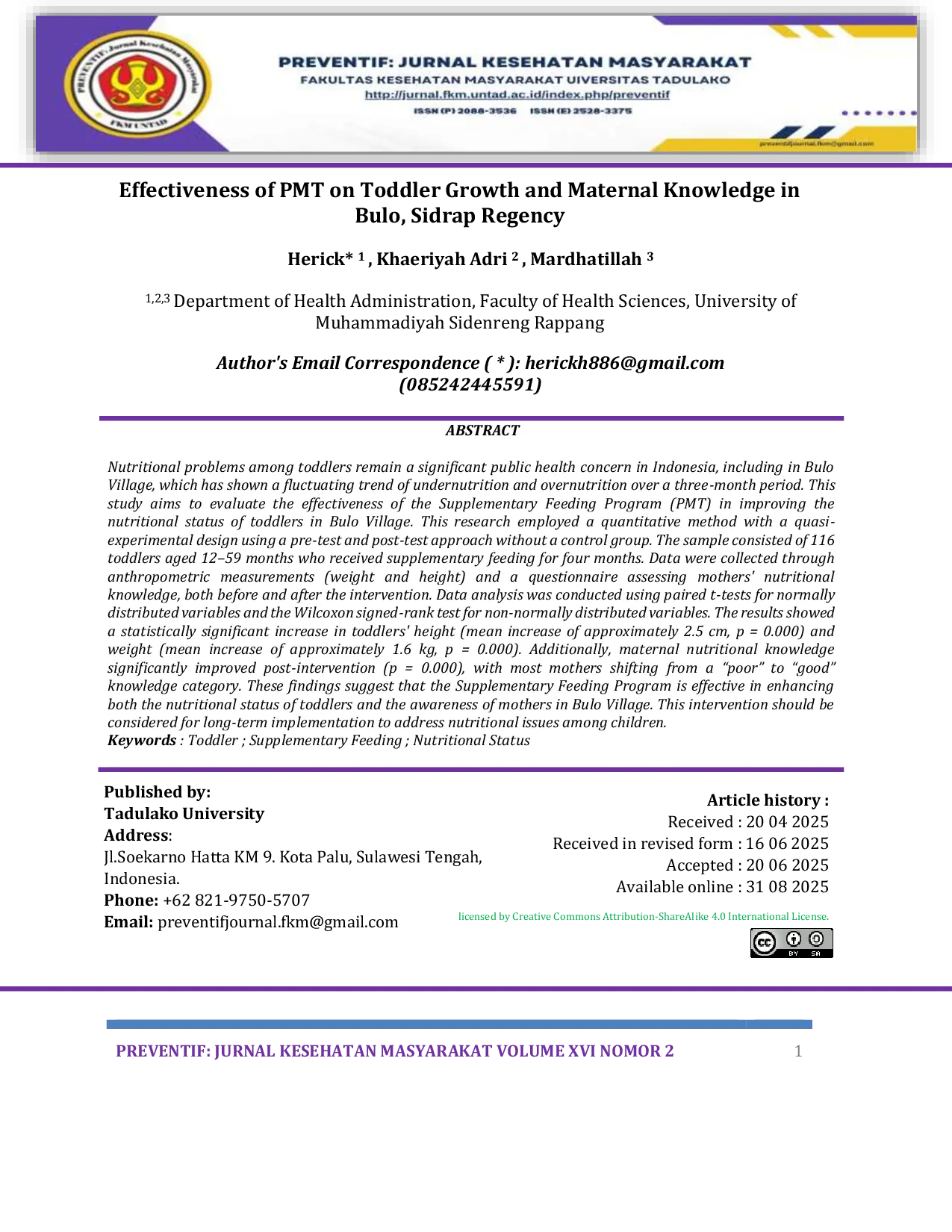 JURIS The Effectiveness of the Supplementary Feeding Program PMT in Improving the Nutritional Status of Toddlers in Bulo Village