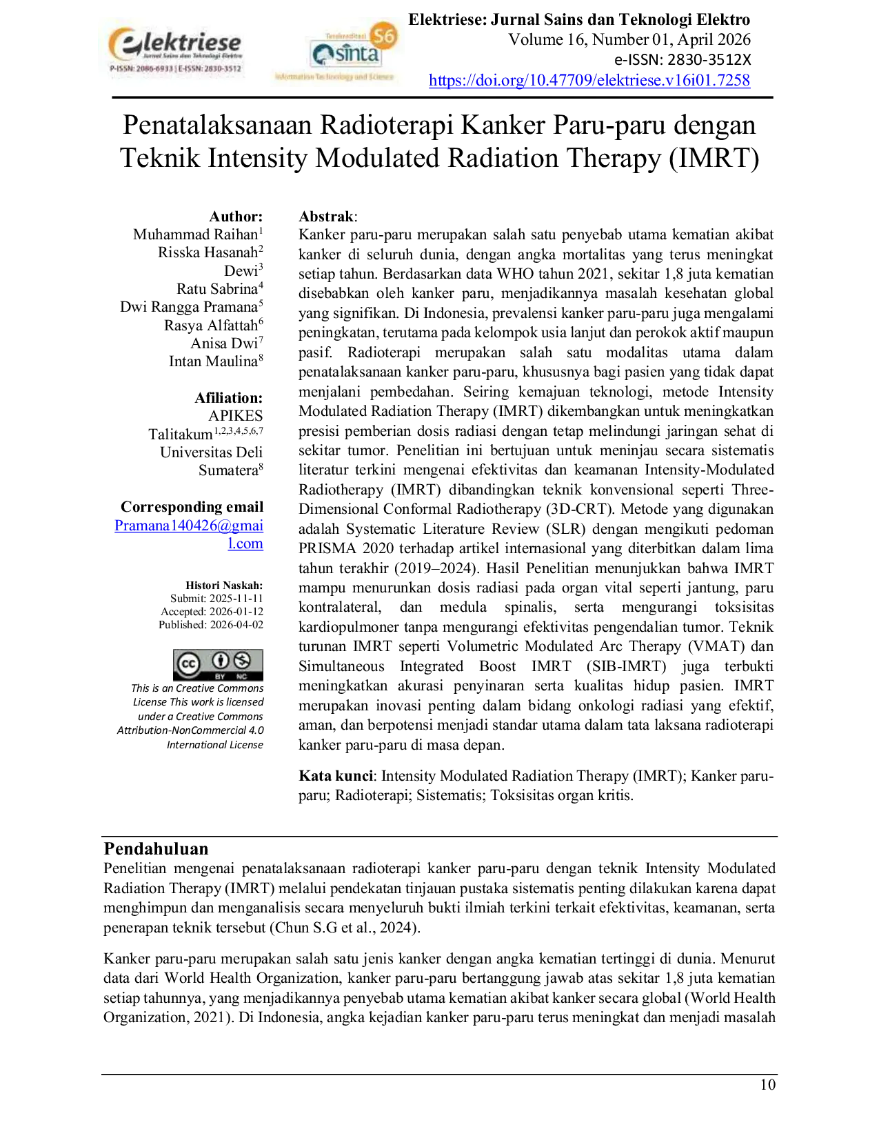JURIS Penatalaksanaan Radioterapi Kanker Paru paru dengan Teknik Intensity Modulated Radiation Therapy IMRT Lung Cancer Radiotherapy Management with Intensity Modulated Radiation Therapy IMRT Techniqu
