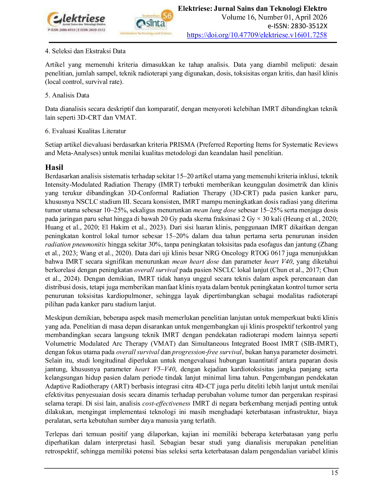 JURIS Penatalaksanaan Radioterapi Kanker Paru paru dengan Teknik Intensity Modulated Radiation Therapy IMRT Lung Cancer Radiotherapy Management with Intensity Modulated Radiation Therapy IMRT Techniqu