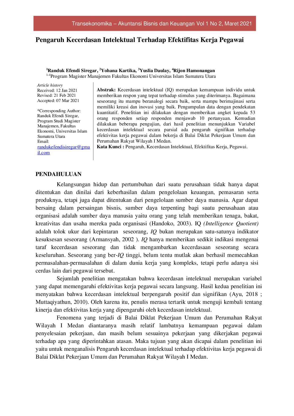 JURIS Pengaruh Kecerdasan Intelektual Terhadap Efektifitas Kerja Pegawai
