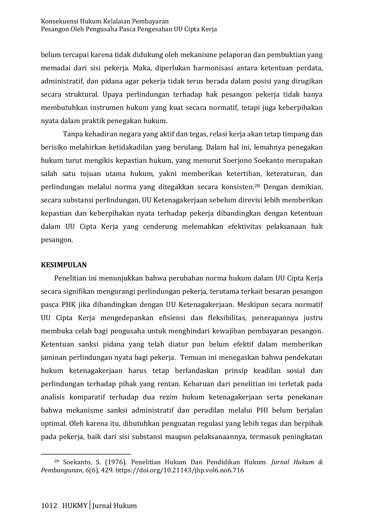 JURIS Konsekuensi Hukum Kelalaian Pembayaran Pesangon Oleh Pengusaha Pasca Pengesahan UU Cipta Kerja