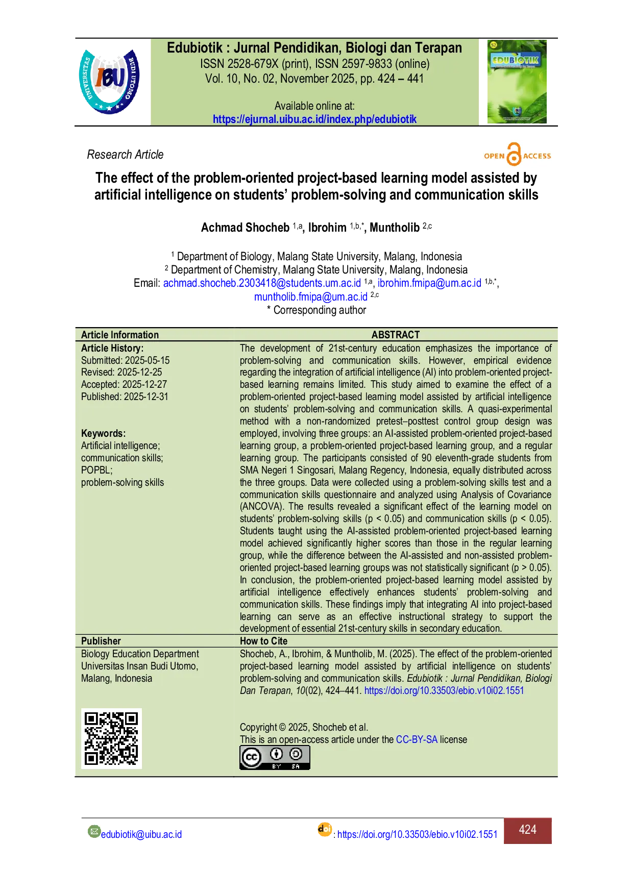 JURIS The effect of the problem oriented project based learning model assisted by artificial intelligence on students problem solving and communication skills