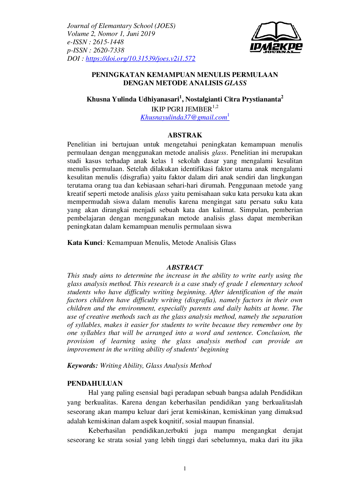 JURIS Peningkatan Kemampuan Menulis Permulaan dengan Metode Analisis Glass
