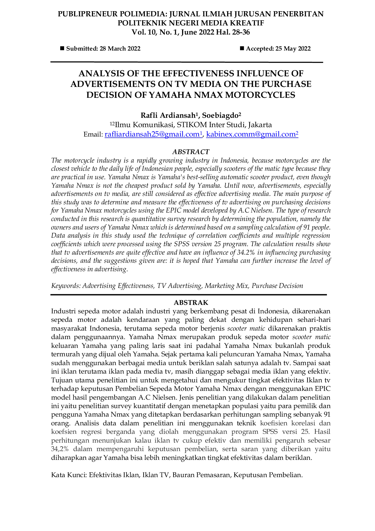 JURIS Analysis of the Effectiveness Influence of Advertisements on TV Media on the Purchase Decision of Yamaha NMAX Motorcycles