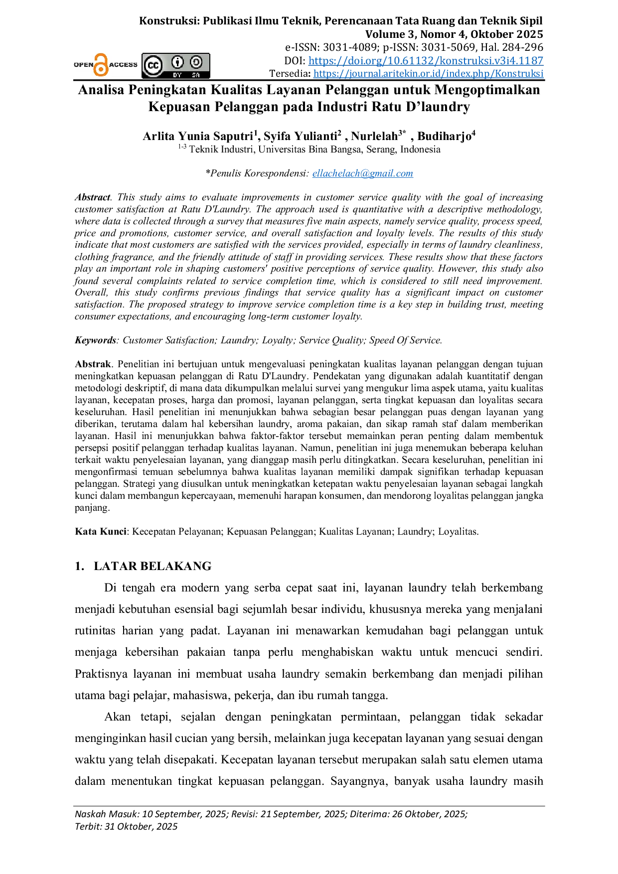 JURIS Analisa Peningkatan Kualitas Layanan Pelanggan untuk Mengoptimalkan Kepuasan Pelanggan pada Industri Ratu D laundry