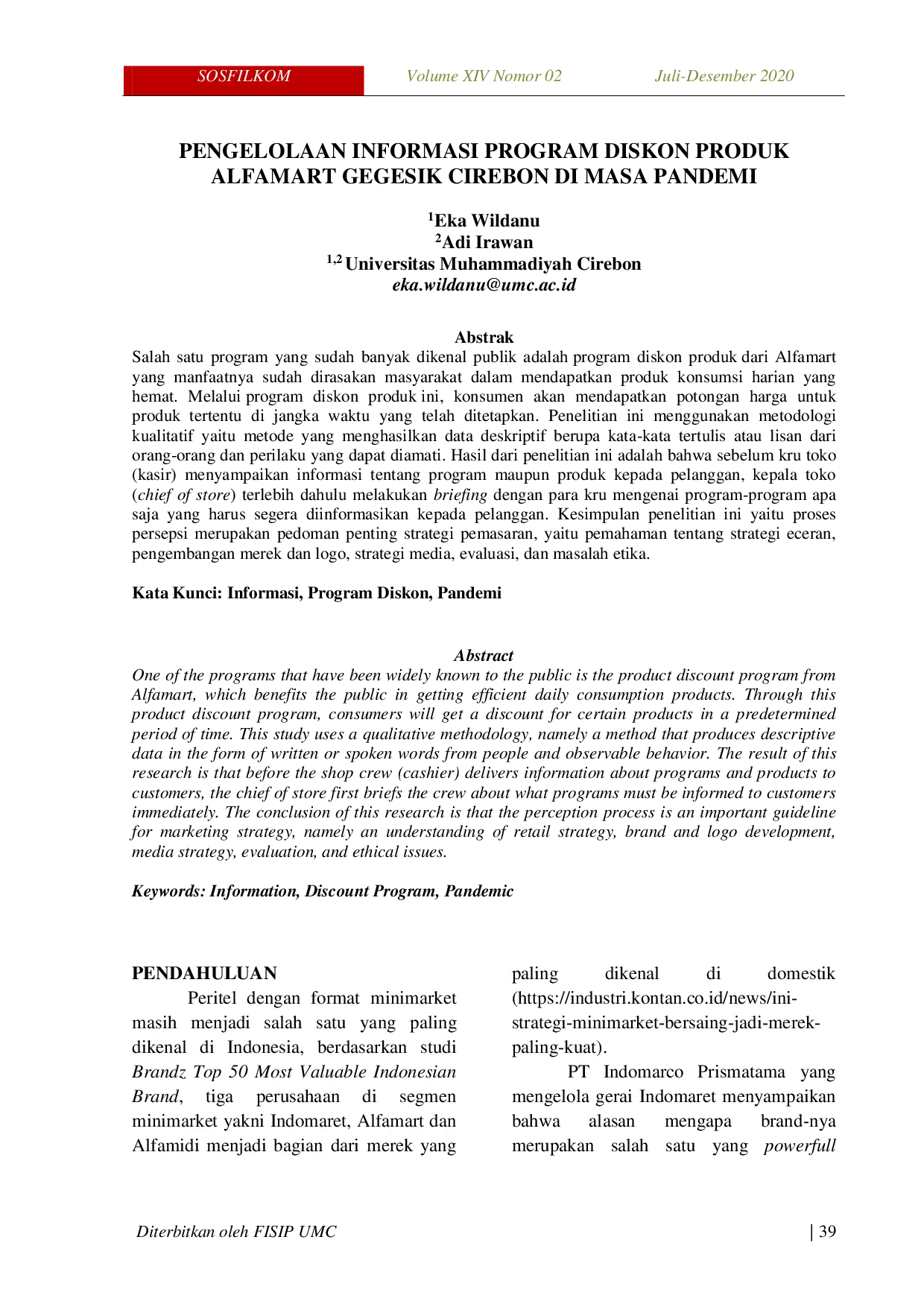 JURIS Pengelolaan Informasi Program Diskon Produk Alfamart Gegesik Cirebon Di Masa Pandemi