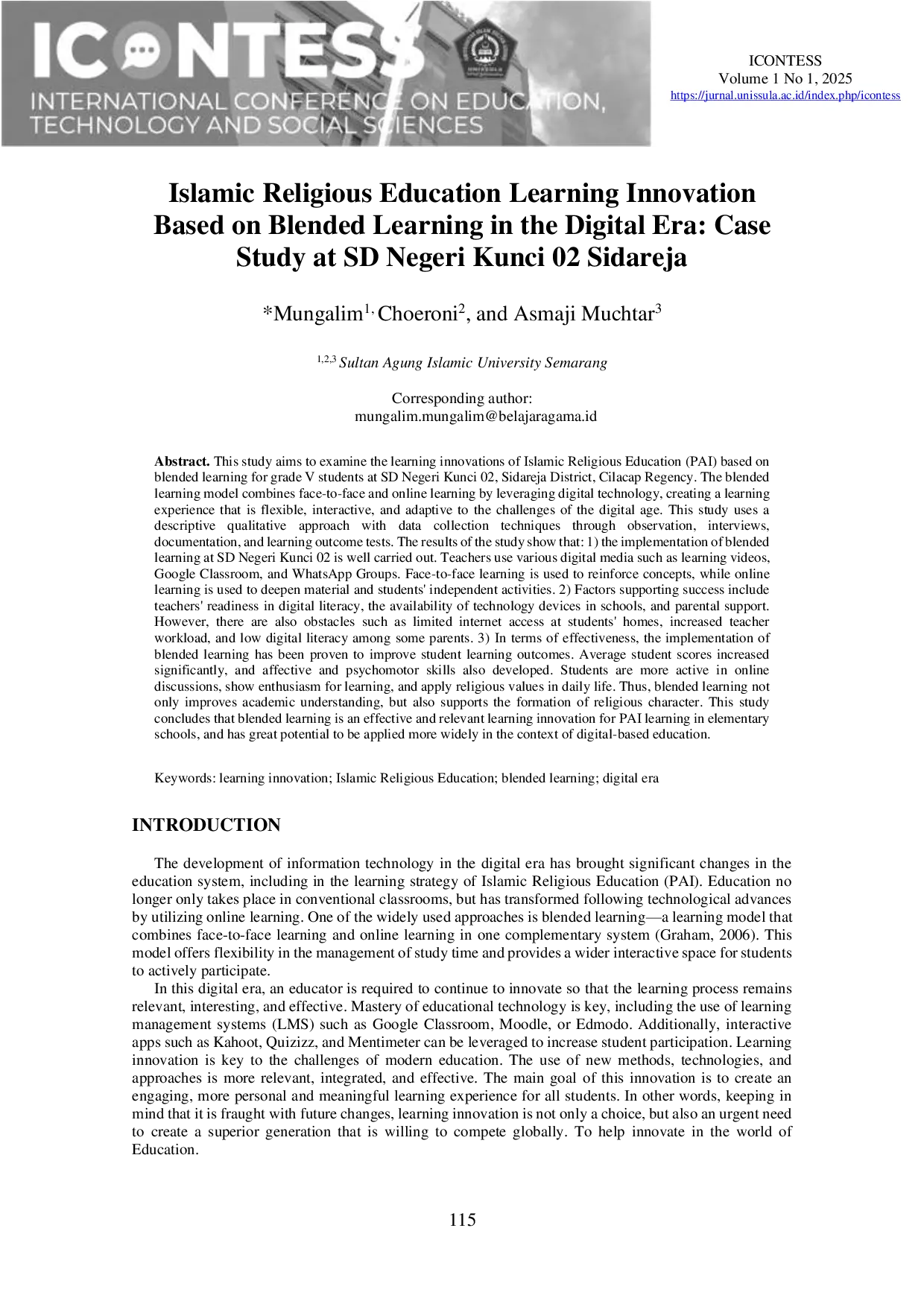 JURIS Islamic Religious Education Learning Innovation Based on Blended Learning in the Digital Era Case Study at SD Negeri Kunci 02 Sidareja