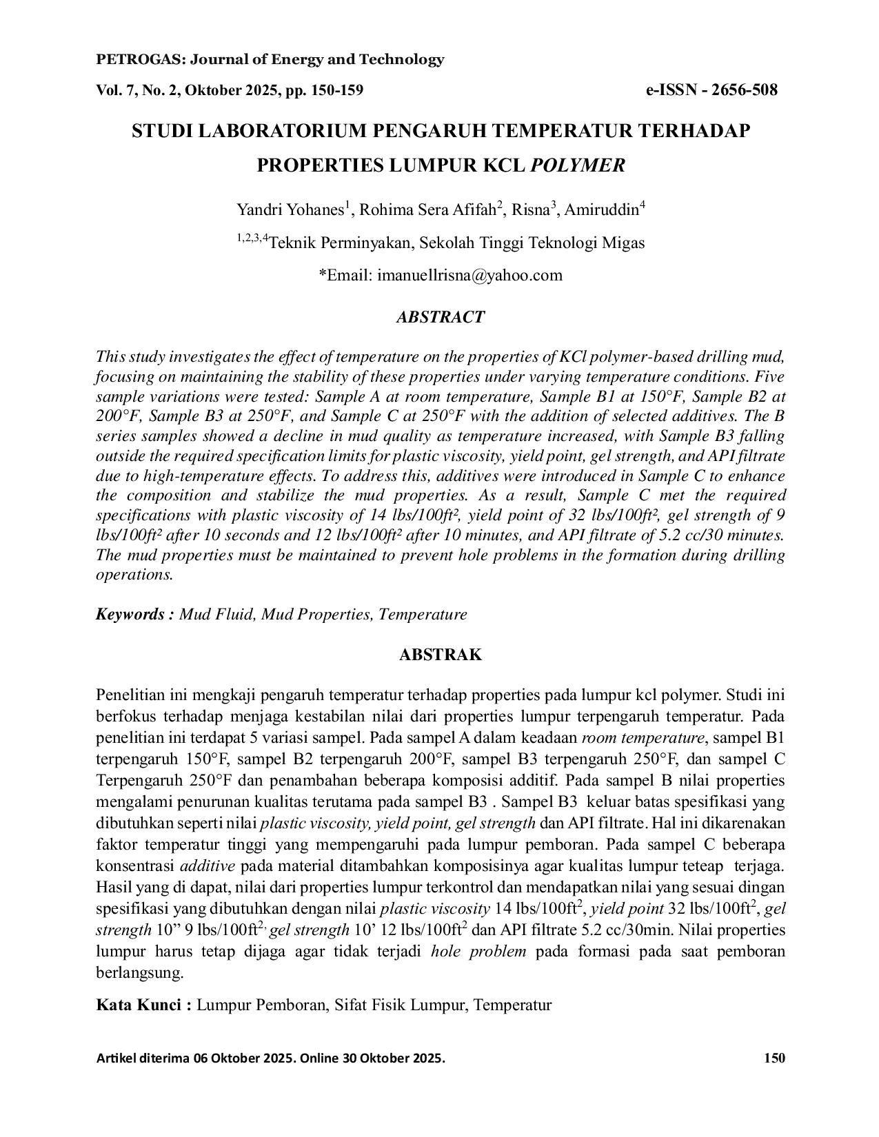JURIS Studi Laboratorium Pengaruh Temperatur Terhadap Properties Lumpur KCl Polymer