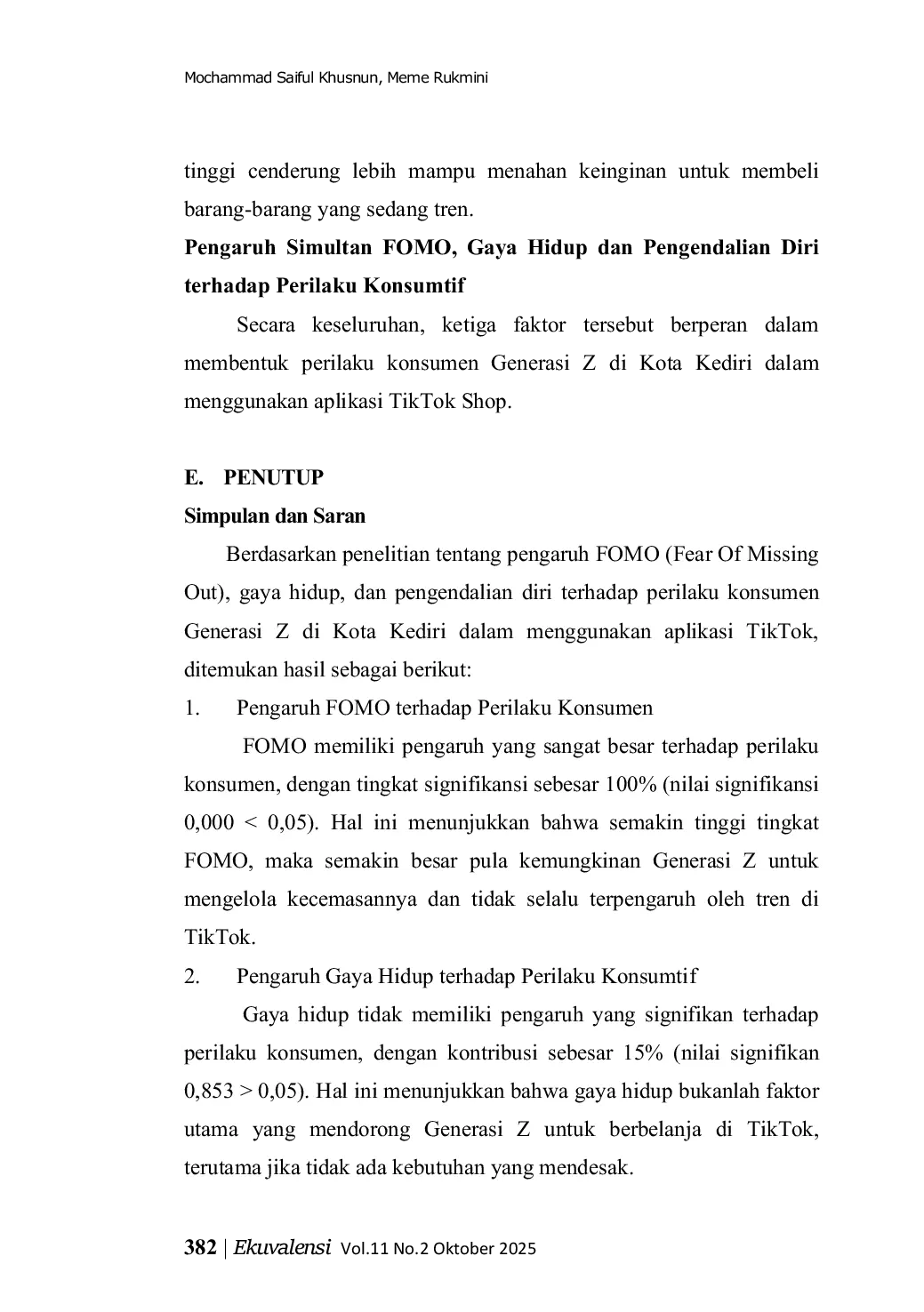 JURIS Pengaruh FOMO Fear Of Missing Out Gaya Hidup dan Kontrol Diri terhadap Perilaku Konsumtif Generasi Z di Kota Kediri pada Aplikasi Tiktok Shop