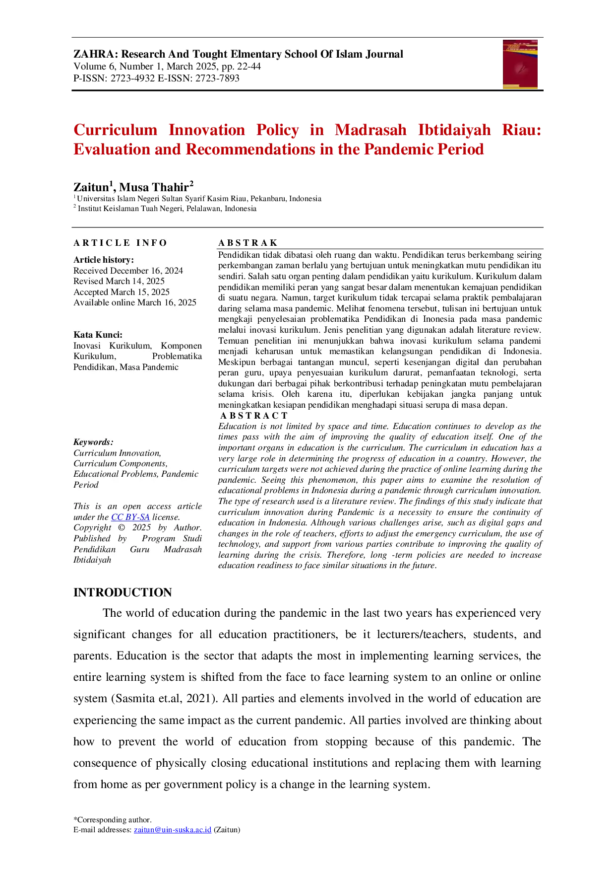 JURIS Curriculum Innovation Policy in Madrasah Ibtidaiyah Riau Evaluation and Recommendations in the Pandemic Period
