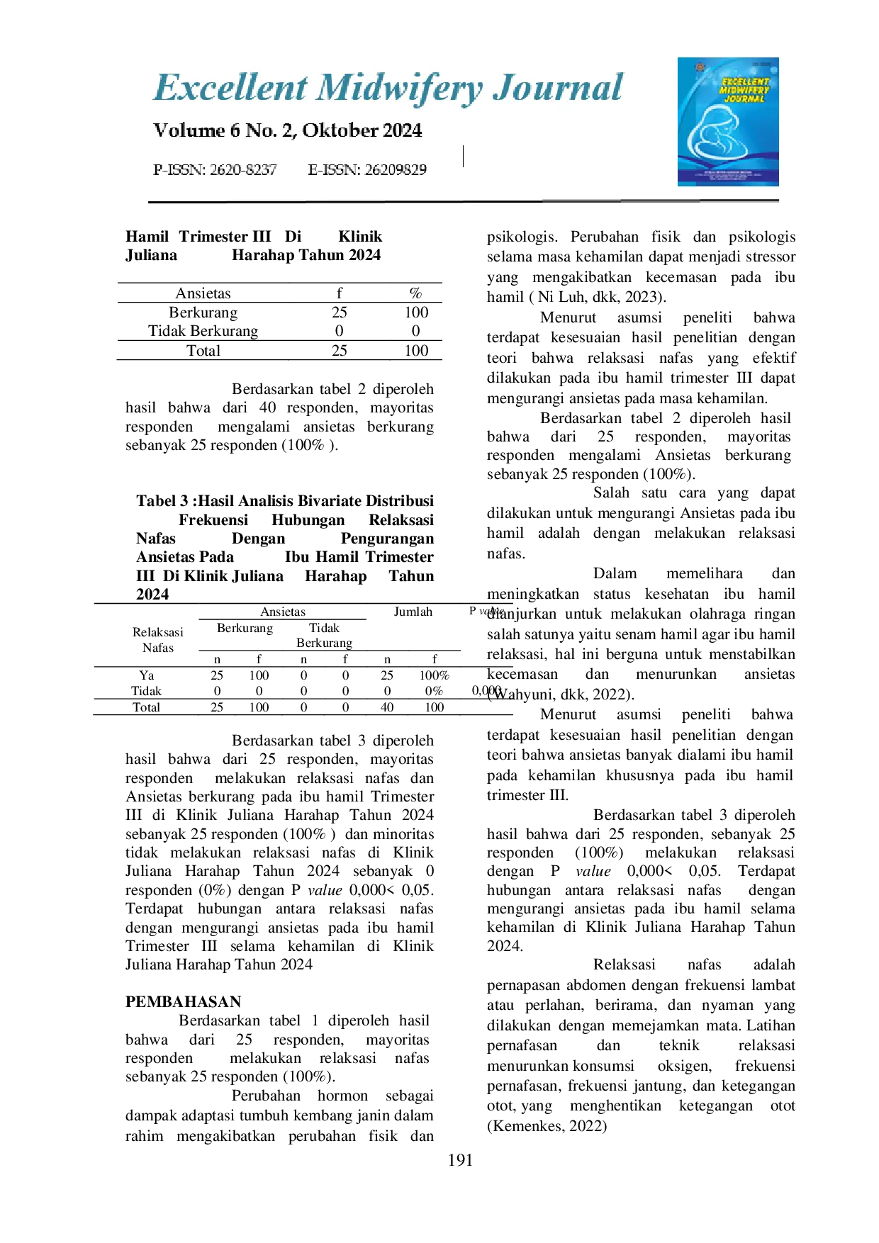 JURIS Hubungan Relaksasi Nafas Dengan Pengurangan Ansietas Pada Ibu Hamil Trimester III Dalam Evidence Based Masa Kehamilan Di Klinik Juliana Harahap Tahun 2024